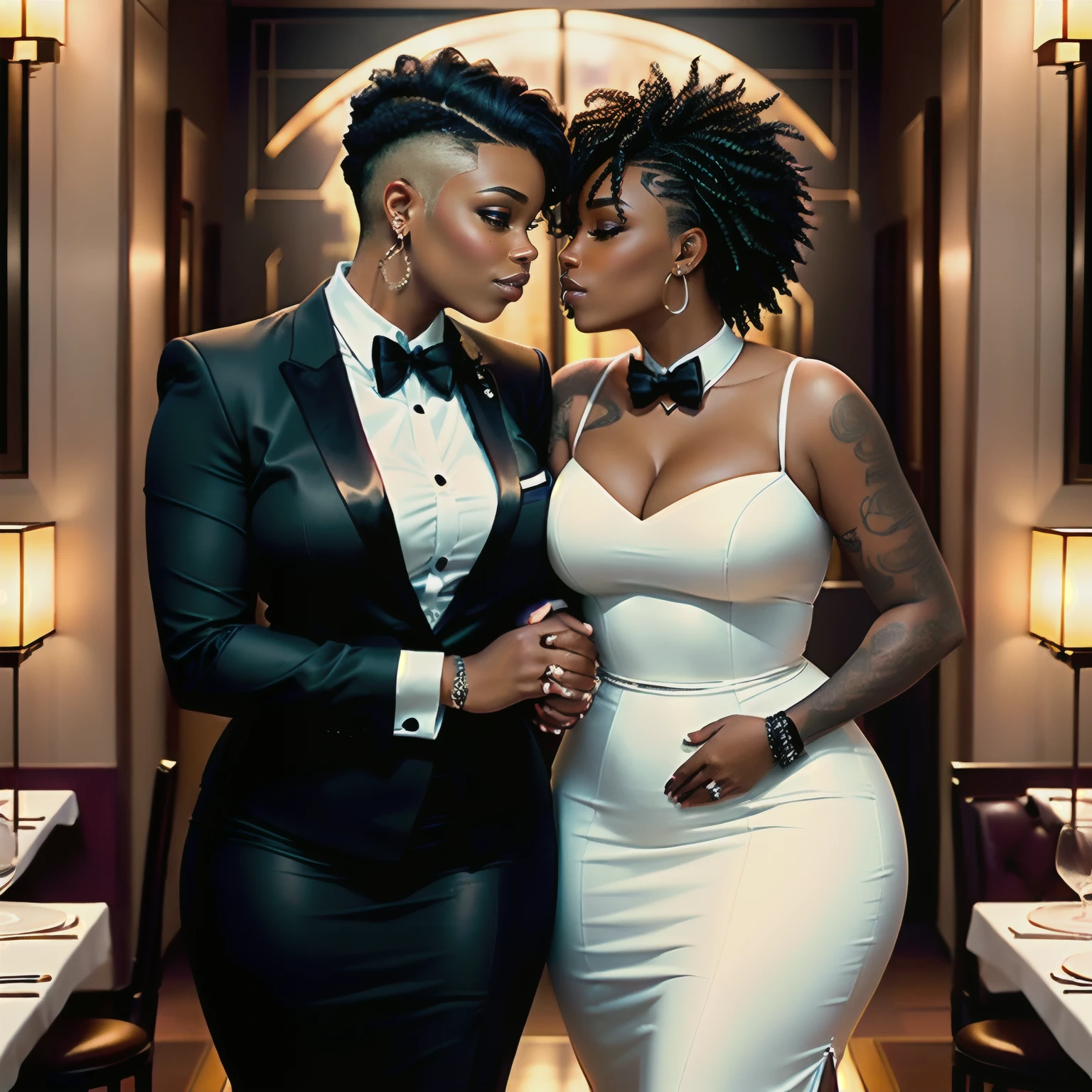 Curvy  interracial lesbian couple happy kissing, butch and femme at a wealthy restaurant dressed in black tie attire