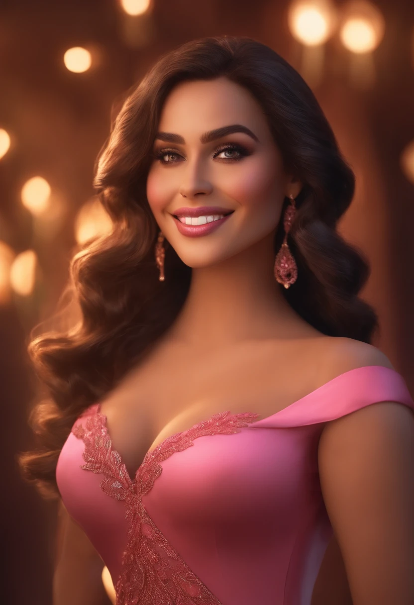 mulher sexy,vestido rosa,olhos castanhos ,artista,Maquiagem Disney,fofo, 可爱, sorridente ,Close-up, Pixar, Disney, Cinema lighting, jogos, 8k, Magic, amor ,