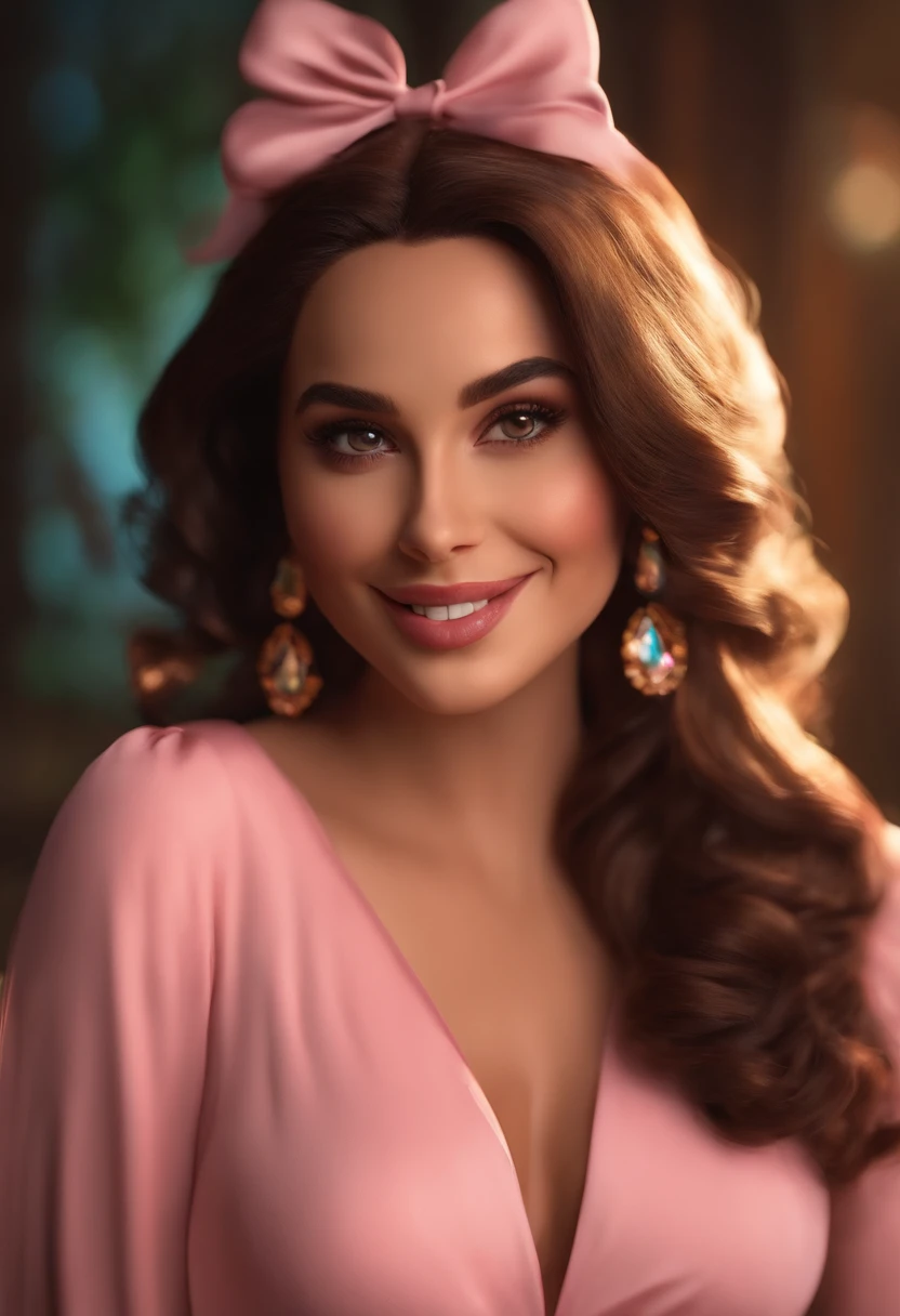 mulher sexy,vestido rosa,olhos castanhos ,artista,Maquiagem Disney,fofo, 可爱, sorridente ,Close-up, Pixar, Disney, Cinema lighting, jogos, 8k, Magic, amor ,