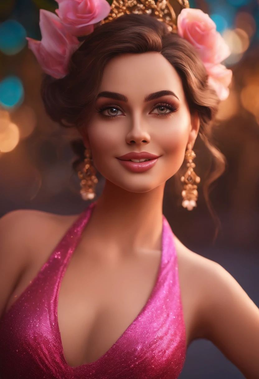 mulher sexy,vestido rosa,olhos castanhos ,artista,Maquiagem Disney,fofo, 可爱, sorridente ,Close-up, Pixar, Disney, Cinema lighting, jogos, 8k, Magic, amor ,