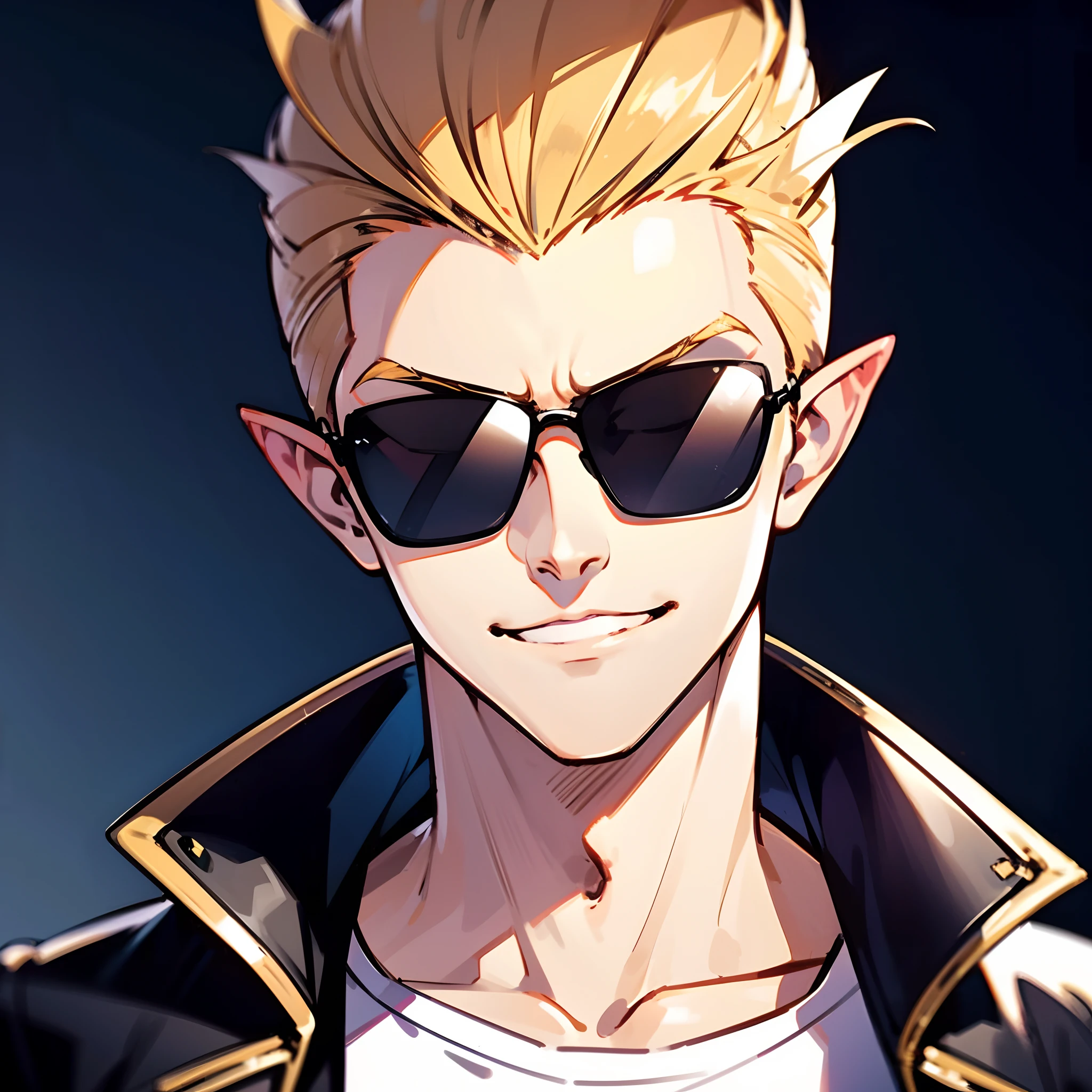 1man, spiky combed back  blonde hair, long pointed nose, pointy ears, skinny, sunglasses, smirk, white T-shirt, black leather jacket, dynamic pose, solo, best quality, masterpiece, portrait, simple background, looking at the camera, from the front, 1result, vibrant, detailed, perfect anatomy, detailed art, high definition, 4k, high resolution.