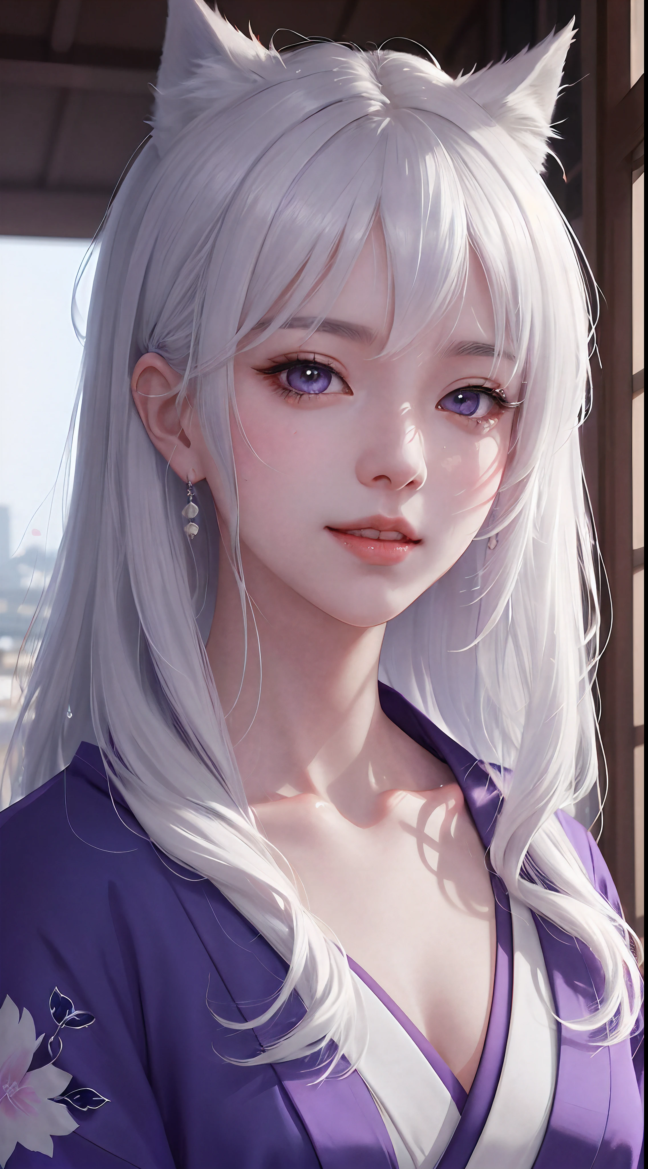 a happy beautiful white-haired anime wolf girl wearing purple kimono, wavy hair, anime, beautiful face, portrait, soft lighting, blur, flare, detailed accessories, graceful pose, detailed face, detailed kimono, detailed Japanese building background, hyperdetailed, masterpiece, 4k, 8k, trending on pixiv,