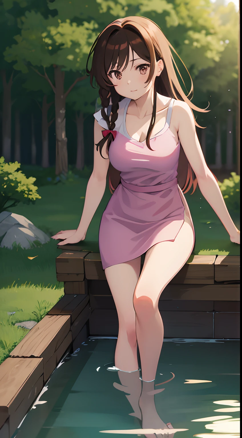 Draw the anime character Chizuru from Rent-a-Girlfriend. Chizuru has waist-length chestnut-brown hair with bangs and light brown eyes. Her hair is mostly let down except for a small braid on the right side of her head. She has fair skin and a slim, well-endowed figure with large breasts. Chizuru is standing in a hot spring. Chizuru is wearing a towel, and bare foot.