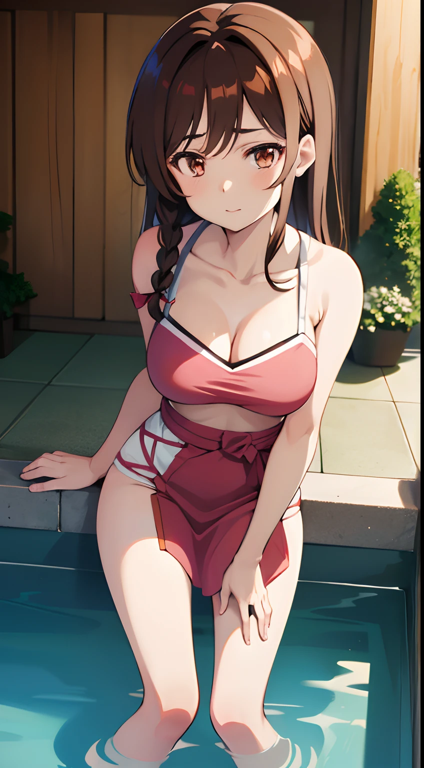 Draw the anime character Chizuru from Rent-a-Girlfriend. Chizuru has waist-length chestnut-brown hair with bangs and light brown eyes. Her hair is mostly let down except for a small braid on the right side of her head. She has fair skin and a slim, well-endowed figure with large breasts. Chizuru is standing in a hot spring. Chizuru is wearing a towel, and bare foot.