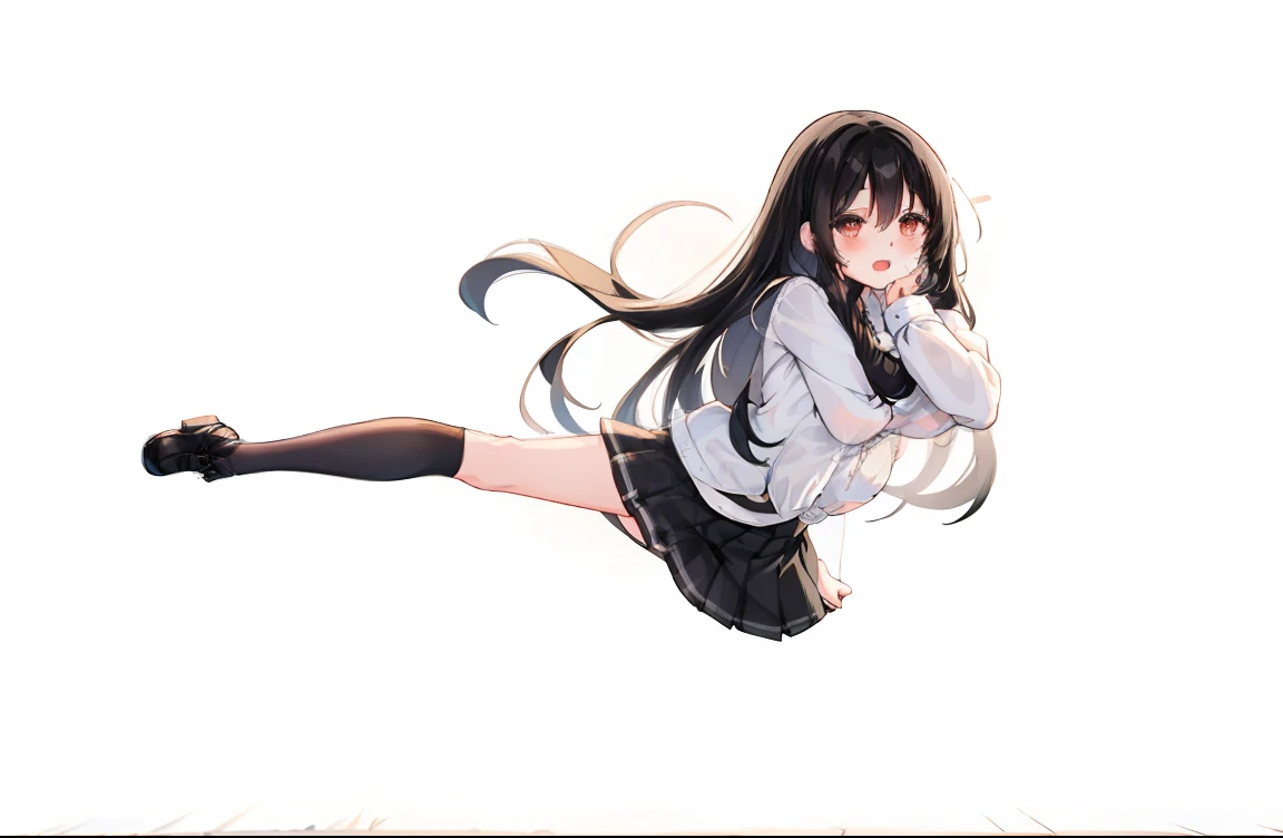 a girl with long black hair in a white shirt and black checkered miniskirt kicking hard