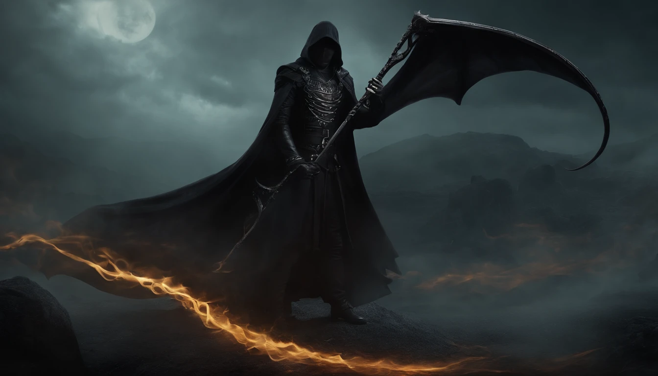 A Death's Scythe, held by an enigmatic male figure, embodies a fluid grace in the movements of its owner, mirroring the elegance of a serpent. His dark attire and somber countenance accentuate the serpentine aura. As he wields the scythe, his presence exudes a protective air, akin to a guardian of untamed realms, leaving behind a hypnotic trail of serpentine mystery. Halloween theme.
