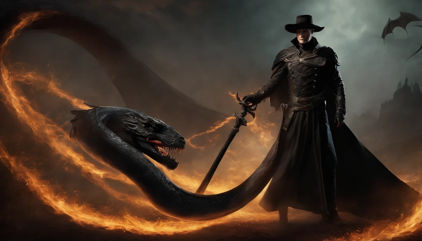 A Death's Scythe, held by an enigmatic male figure, embodies a fluid grace in the movements of its owner, mirroring the elegance of a serpent. His dark attire and somber countenance accentuate the serpentine aura. As he wields the scythe, his presence exudes a protective air, akin to a guardian of untamed realms, leaving behind a hypnotic trail of serpentine mystery. Halloween theme.