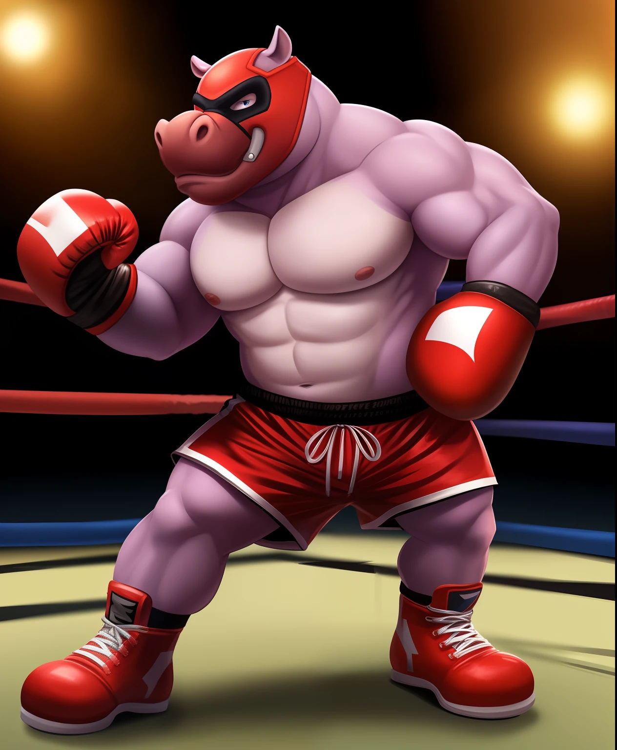 Box-Y the male hippo supervillain, red boxing shorts, boxing boots, supervillain mask, several spikes on his shoulder full body view