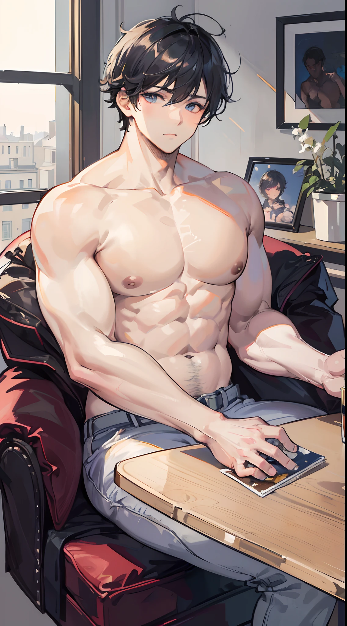 Absurdres masterpiece HDR high quality picture of Handsome boy , handsome face, detailed face, detailed hair, chubby boy, fat body, very Short hair, ((messy cut hair style:1 )) , anime eyes, light skin ,
topless , sitting comfortably on chair inside the coffee shop Paris style, beautiful background, masterpiece scenery