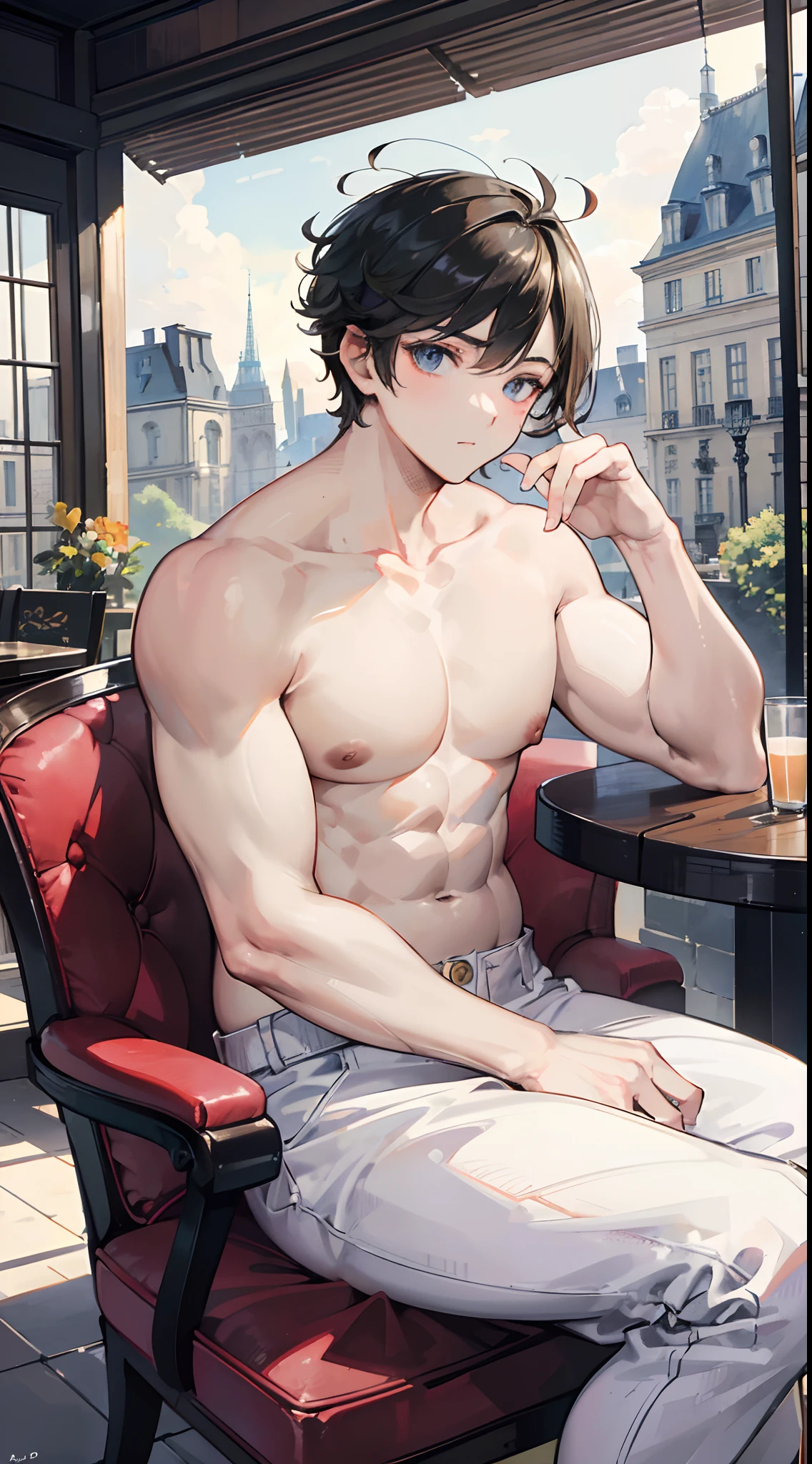 Absurdres masterpiece HDR high quality picture of Handsome boy , handsome face, detailed face, detailed hair, chubby boy, fat body, very Short hair, ((messy cut hair style:1 )) , anime eyes, light skin ,
topless , sitting comfortably on chair inside the coffee shop Paris style, beautiful background, masterpiece scenery