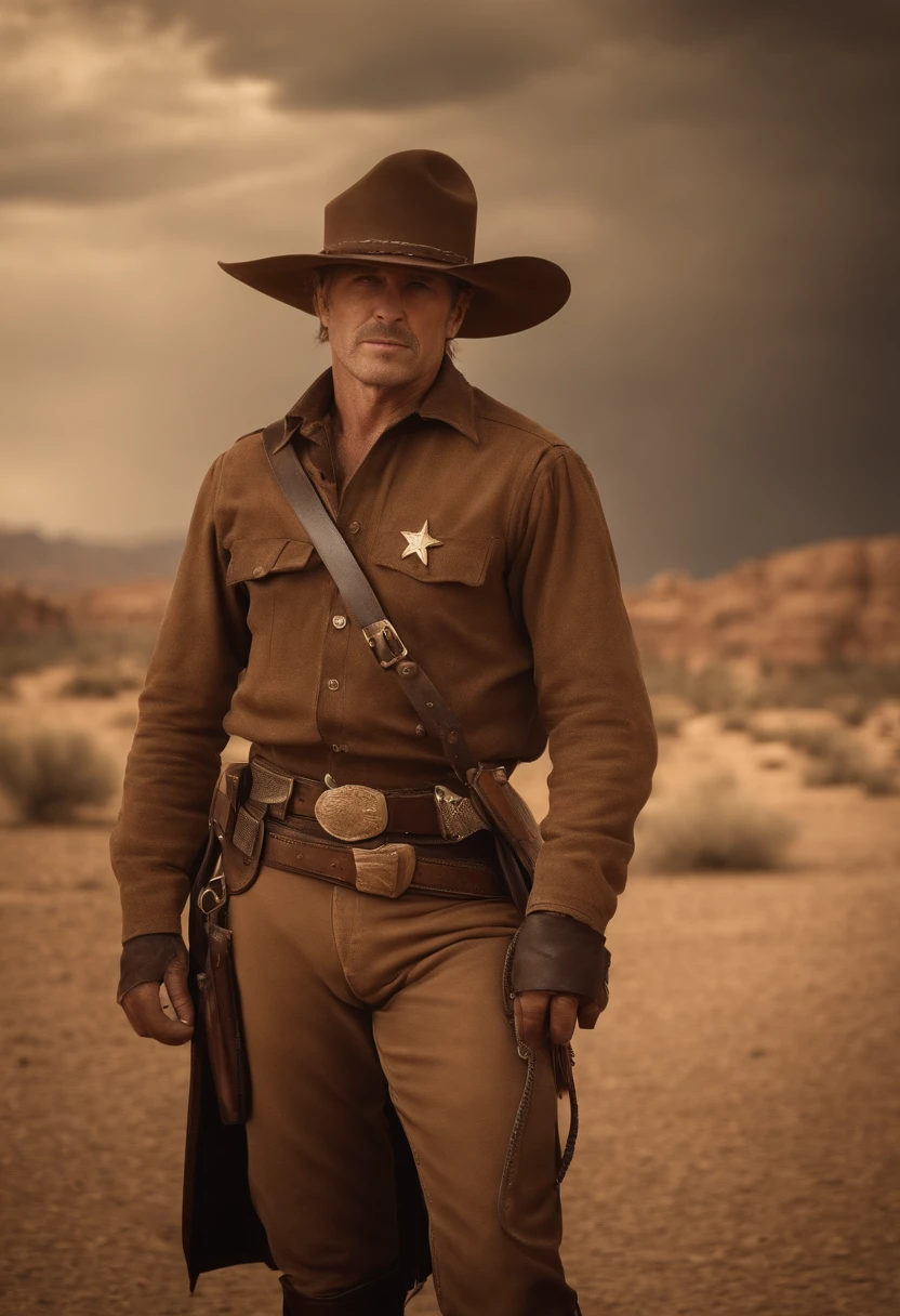 portrait, old time western style, west, body, female, sheriff, walking, street, dusty, smoking cigar, (best quality, 4k, 8k, highres, masterpiece:1.2), ultra-detailed, (realistic, photorealistic, photo-realistic:1.37), vintage sepia tones, dramatic lighting, leather outfit, rugged expression, wild west, rugged beauty, loner, sheriff badge, worn-out boots, desert landscape, vintage pistol, horse, saloon doors
