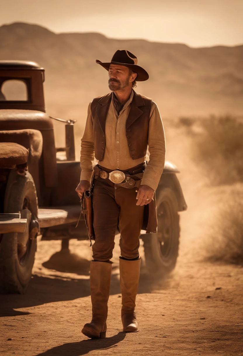 portrait, old time western style, west, body, female, sheriff, walking, street, dusty, smoking cigar, (best quality, 4k, 8k, highres, masterpiece:1.2), ultra-detailed, (realistic, photorealistic, photo-realistic:1.37), vintage sepia tones, dramatic lighting, leather outfit, rugged expression, wild west, rugged beauty, loner, sheriff badge, worn-out boots, desert landscape, vintage pistol, horse, saloon doors