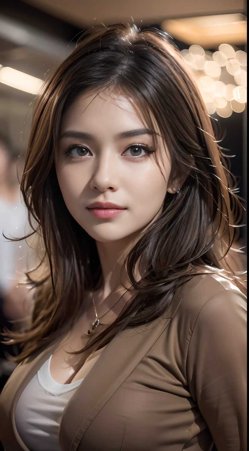 A close up of a woman with long hair and a brown jacket - SeaArt AI
