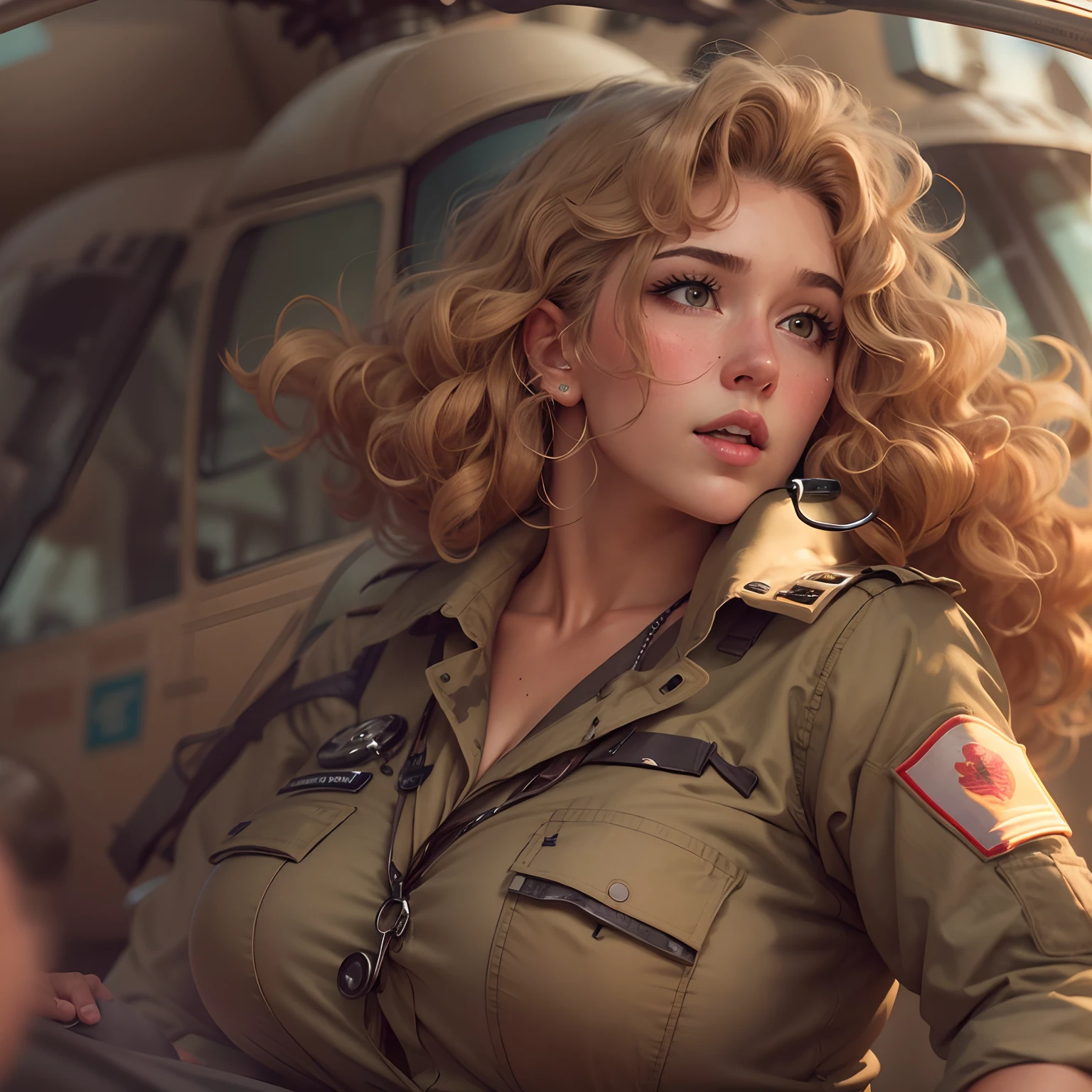 Light brown, Long, curly hair. Rosey cheeks. Military uniform . Slightly chubby. Big boobs. Nursing somebody in a helicopter crash. Realistic.