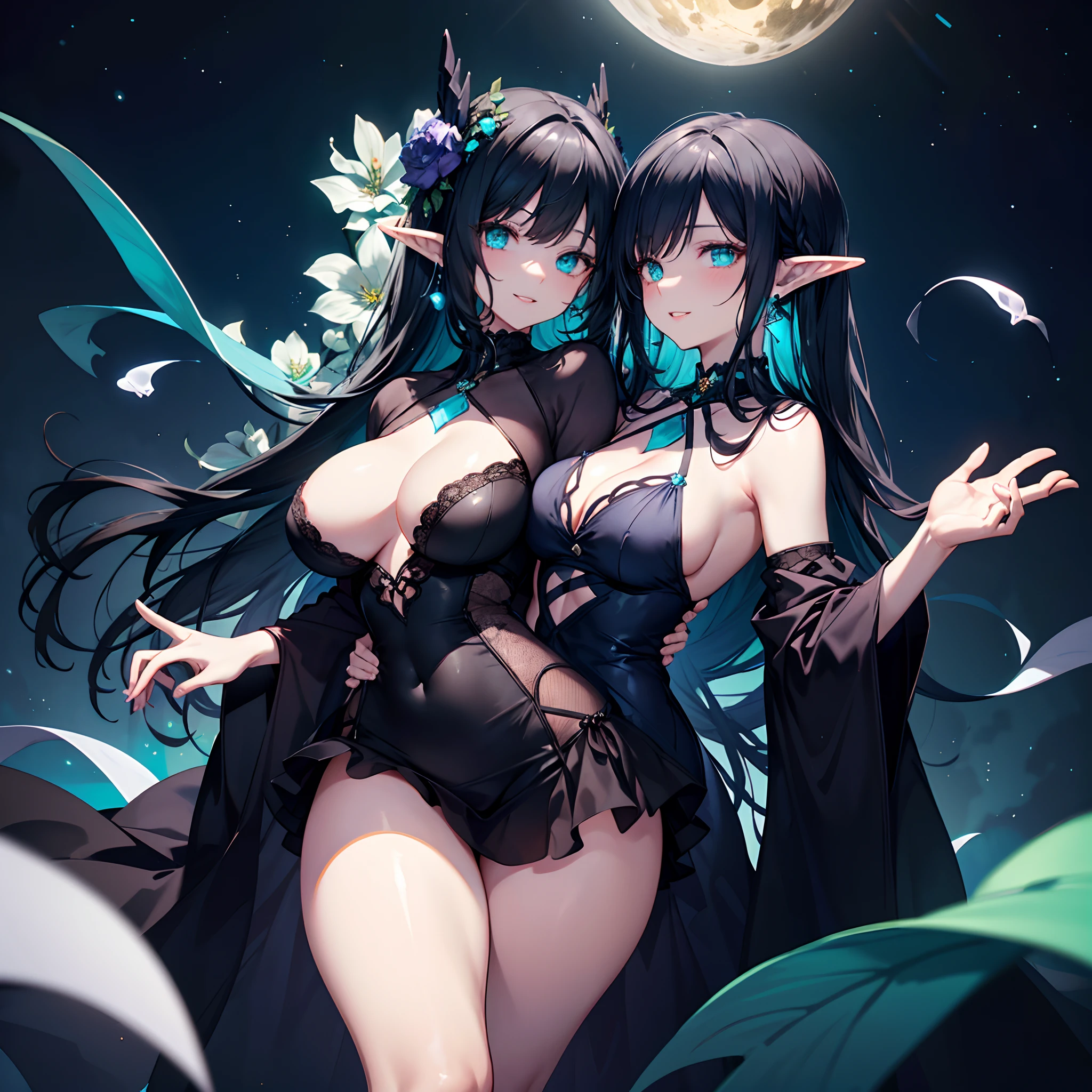 Realistic and detailed image of an elf. dressed as a ghost in a mini-skirt. Unusually shiny long silky black hair. turquoise eyes. She has earrings and long eyelashes. She has full lips. Large breasts, slim waist, very wide hips and thick thighs. Smiling. Back arched. She is flying. Day of the Dead Festival. Dark environment. Starry night.
