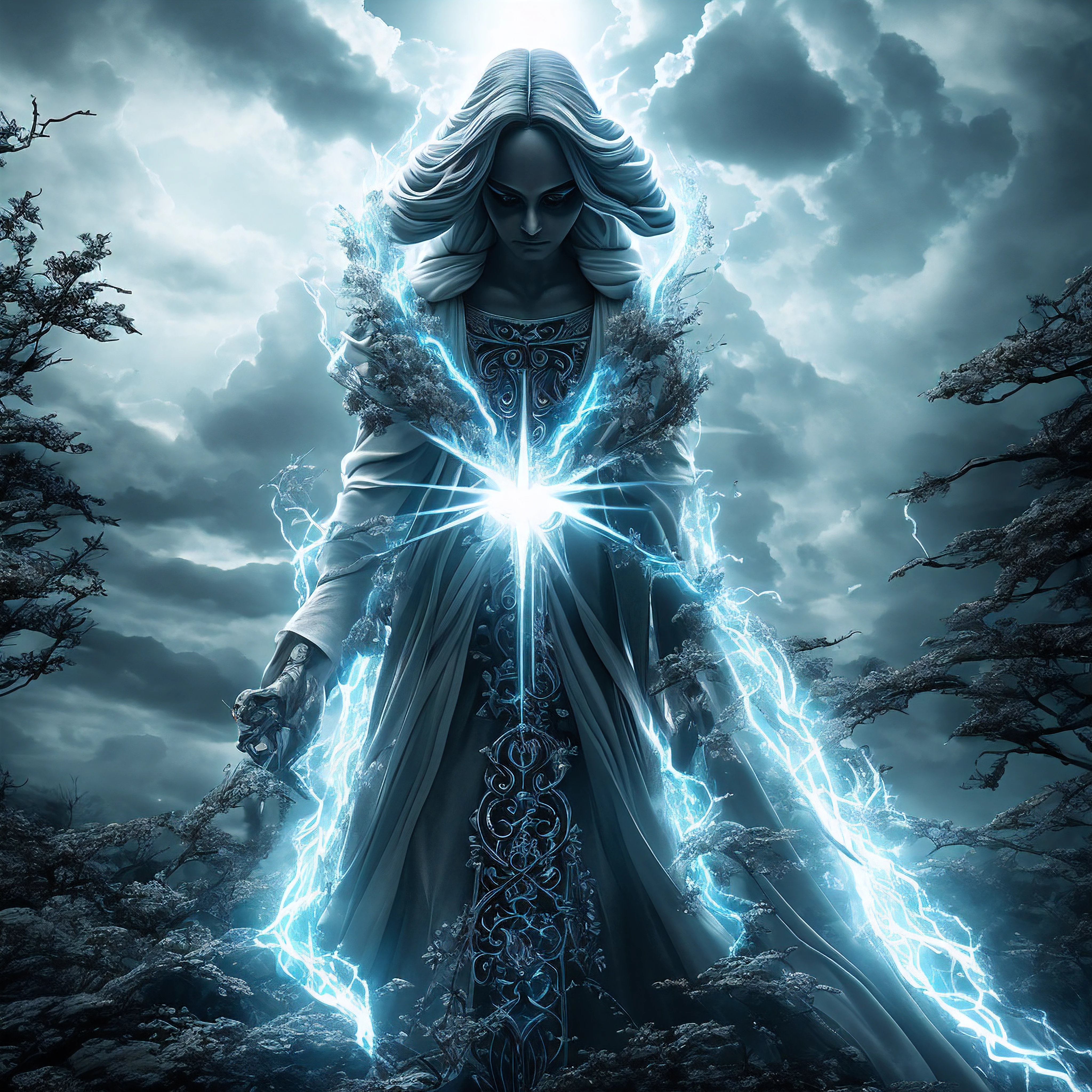 A figure stands shrouded in shifting radiance and shadows. One side glows with divine light - illuminated in purest white. A pristine robe contains the holy glow on this side. The other half appears bathed in unearthly darkness - trailing shadows and flame. Its head is half-cloaked in righteousness, half-wreathed in wickedness. One eye emits soft, virtuous beams. The other blazes with malevolent intent. This being is a dichotomy - both sacred and profane. It is a battleground between light and darkness. Each movement elicits both hope and dread. Its hands impart benevolence or malice. This split entity walks the line between salvation and damnation. It speaks with a forked tongue, dispensing truth and lies in equal measure. This paradoxical vision reveals the constant struggle between good and evil - two opposing forces locked in eternal conflict. To witness its divided form is to see the duality of the universe - order and chaos, creation and destruction, light and dark - coexisting as one.