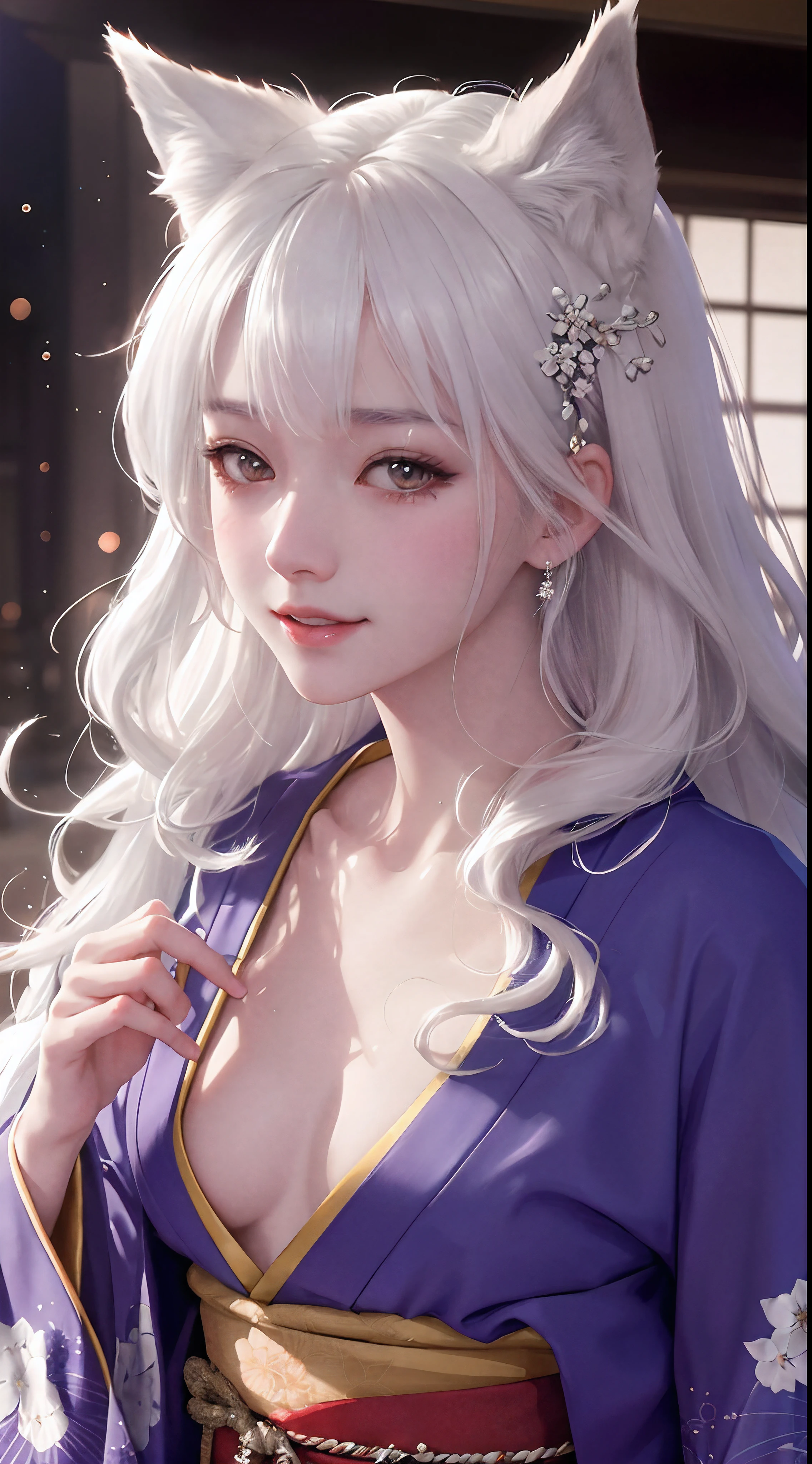 a happy beautiful white-haired anime wolf girl wearing purple kimono, wavy hair, anime, beautiful face, portrait, soft lighting, blur, flare, detailed accessories, graceful pose, detailed face, detailed kimono, detailed Japanese building background, hyperdetailed, masterpiece, 4k, 8k, trending on pixiv,