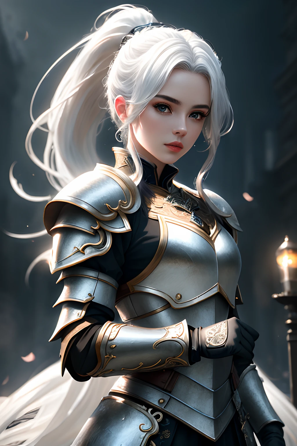 masterpiece, ultra detailed photography of a gorgeous humanoid dragon male, 1girl, (((21 year old girl))), perfectly drawn face, wearing a luxury white battle armor, luxurious gloves, 8k resolution, photorealistic, ultra-high quality, opulent detailed background, 32k, long white hair, messy ponytail, full lips, curvy guy, perfect anatomy, cinematic lighting, intricately detailed, white tetradic color, volumetric lighting