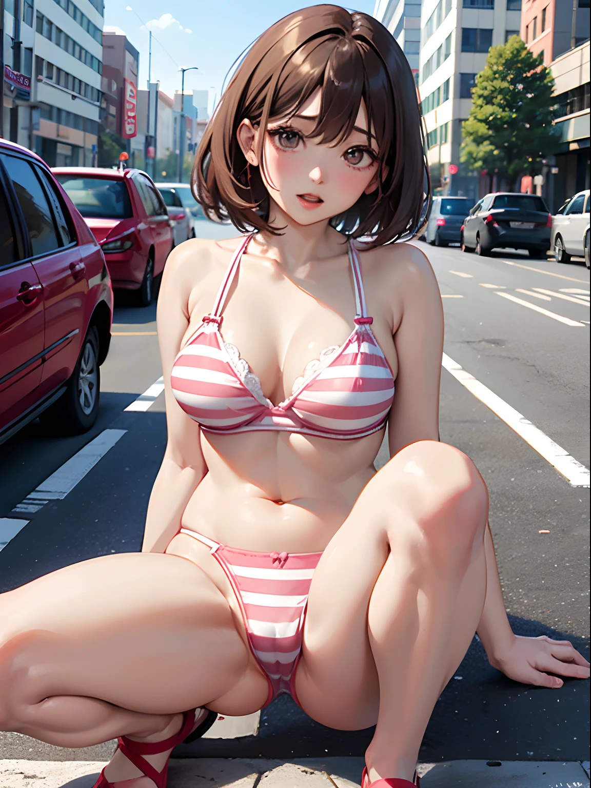 masutepiece、Ultra-high definition animation quality、8K、In the street、traffic jam、50 years old、femele、Beautie、beautiful countenance、beautiful mature women、pheromone、short-hair、straight haired、lightbrown hair、big eye、half-opened mouth、Red cheeks、A sexy、Bra with white and pink stripes、Panties with white and pink stripes、Bend your knees and open your legs wide、M-shaped legs、meaty thighs、seductiv