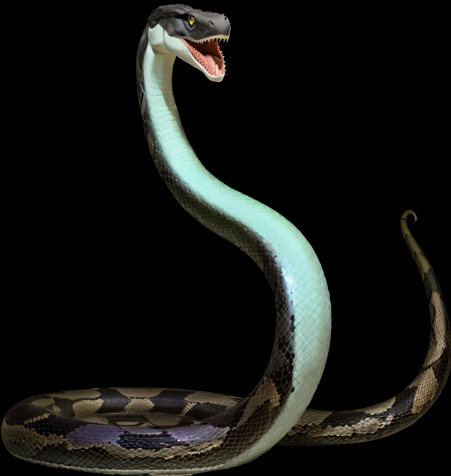 Arafed snake with a long neck and a long tail, well body, well body. muitos grandes, ben lo, well body, Highly detailed wells, ben lo, Human Cobra Hybrid, giant well, Cobra Woman Hybrid, Realistic coiled potions, Well Art, big well, Chest Up Well Lower Half Human, Poçoina poses, well tongue, Fundo Natureza, purple background