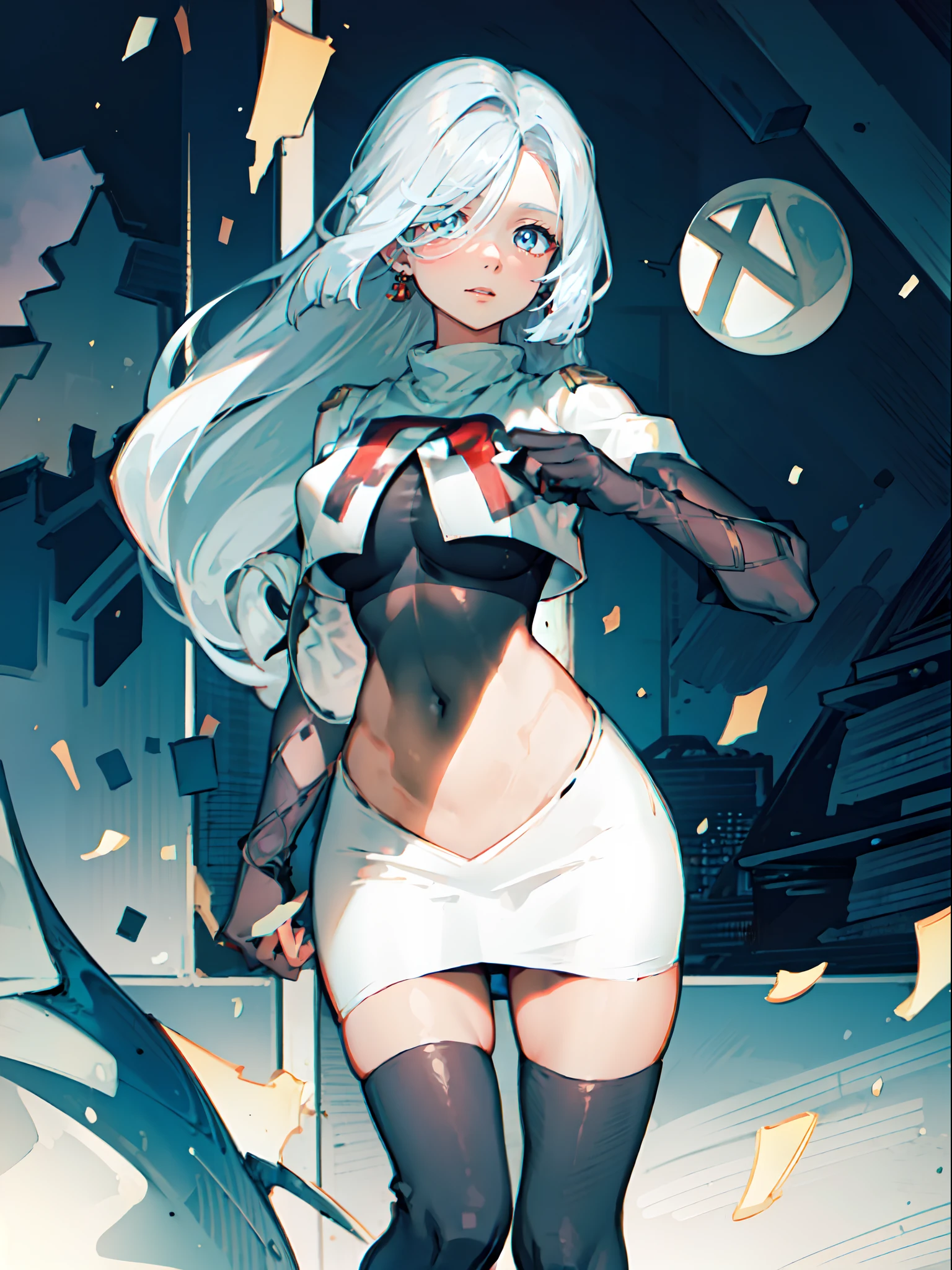 1girl, shenhe \(genshin impact\), long hair, silver hair, medium breasts, hair over one eye,,1girl,team rocket,team rocket uniform,white skirt,crop top,black thigh-highs,black elbow gloves,
