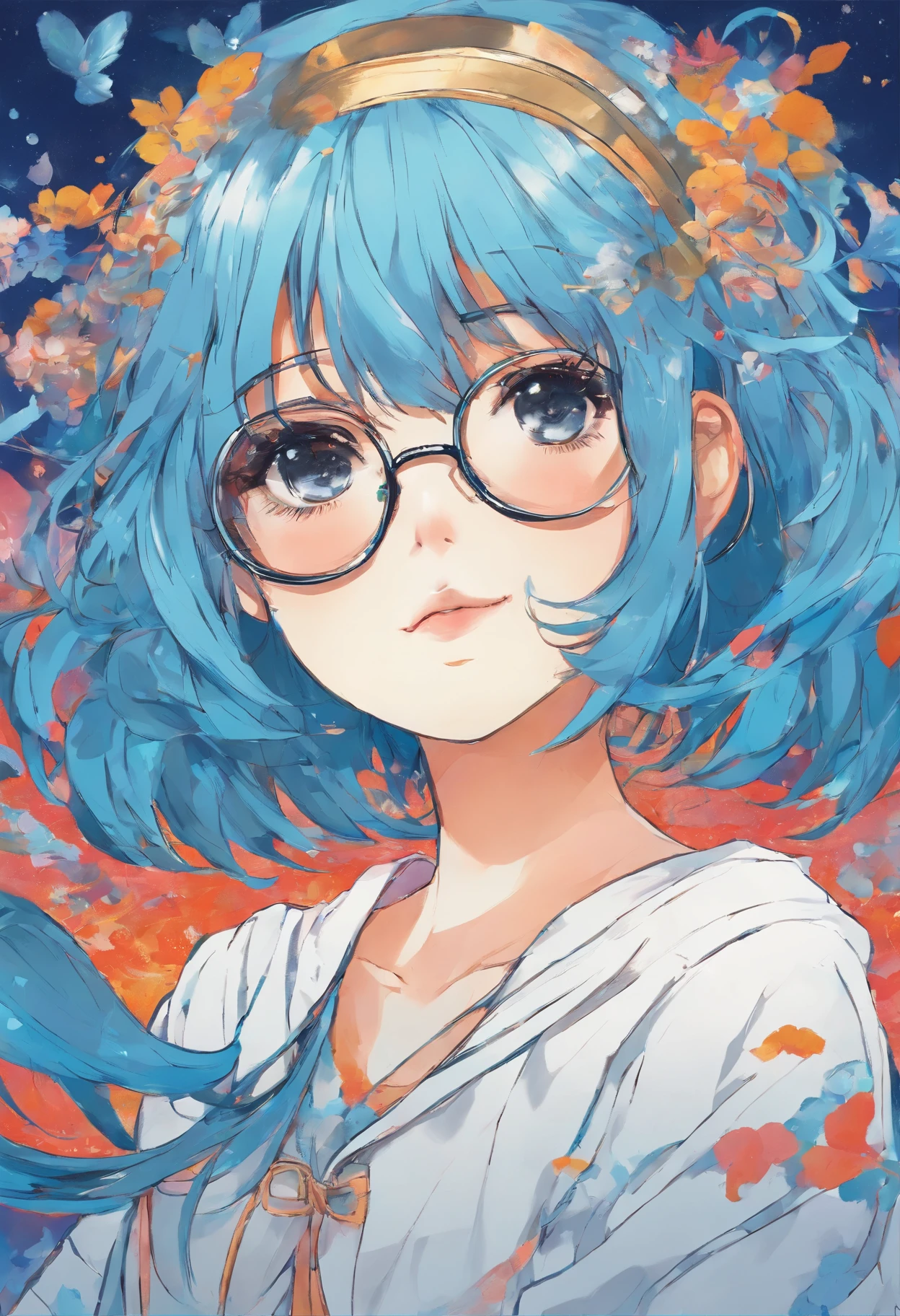 Anime girl with blue hair and bangs with glasses with beautiful tanned skin looking at the camera