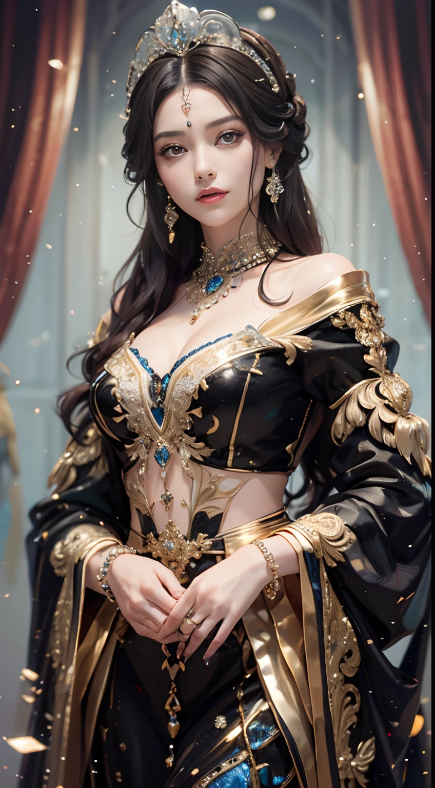 tmasterpiece,Highest image quality,Beautiful bust of a royal lady,Delicate black hairstyle,Amber eyes are clear,Embellished with a dazzling array of intricate jewelry,super detailing,upscaled。