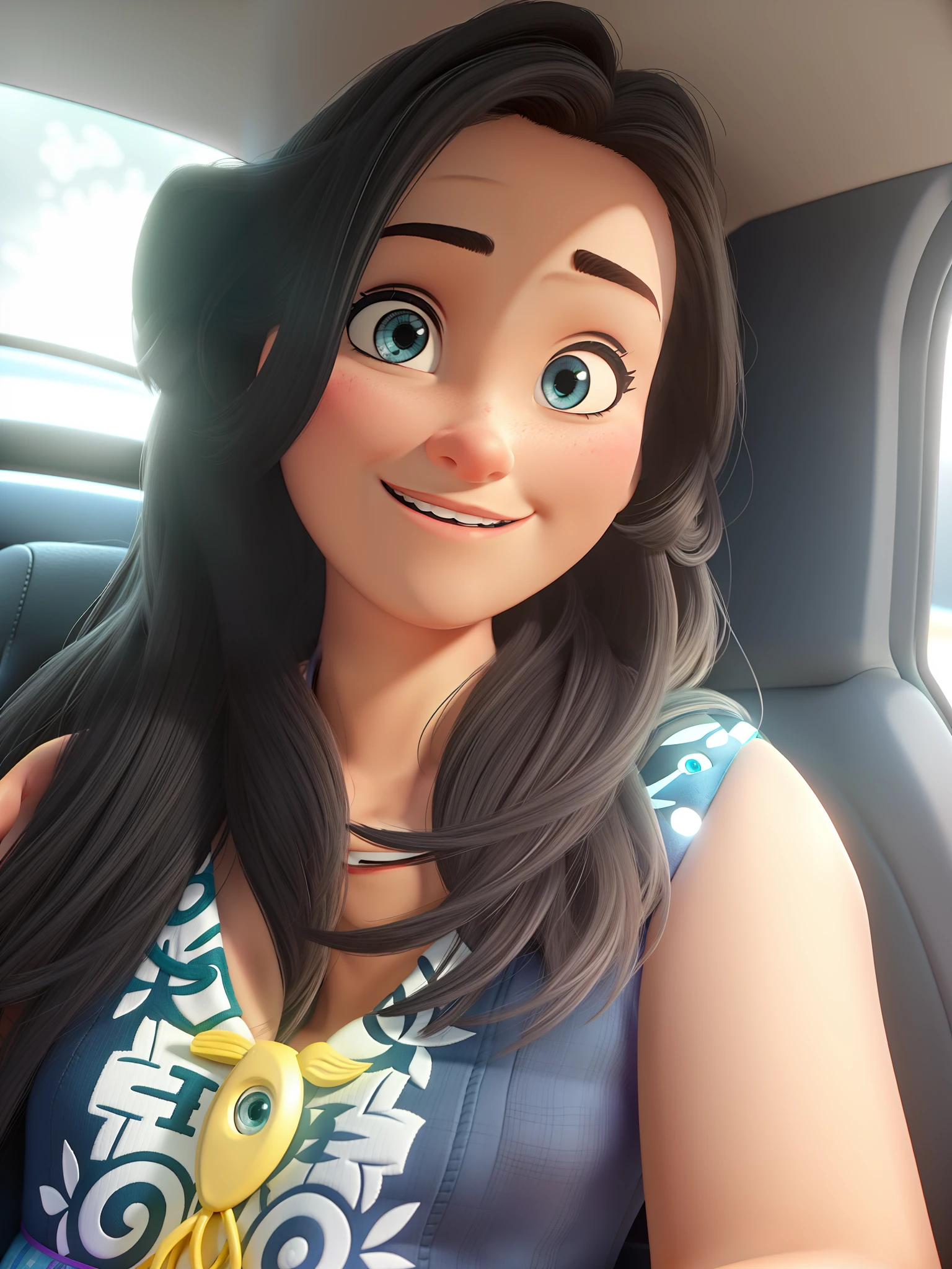 Uma mulher estilo Pixar dentro do carro, iluminada pela luz da Janela