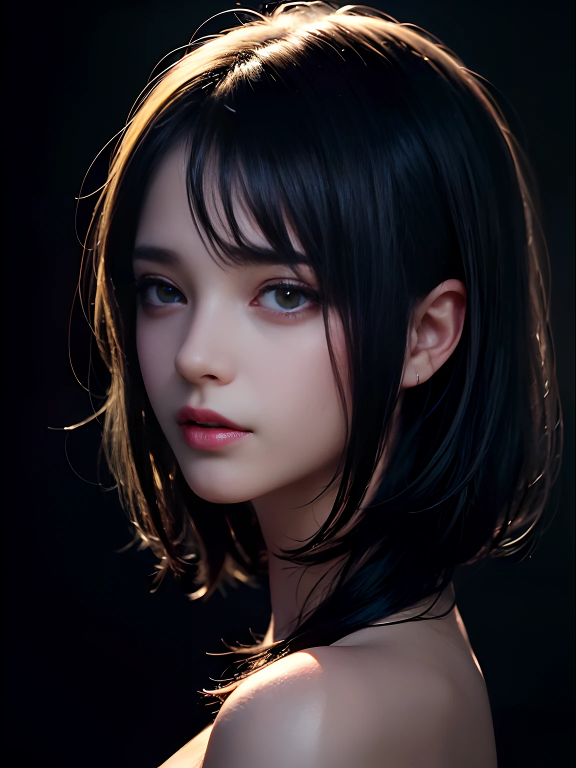 (RAW photo, best quality), (realistic, photo-realistic:1.2), 1girl, high quality, (high detailed skin:1.4), puffy eyes, gorgeous hair, (dark room:1.3), (rim lighting:1.3), (dimly lit:1.3), (dark night:1.3), indoors, portrait, black hair, dark background, short hair