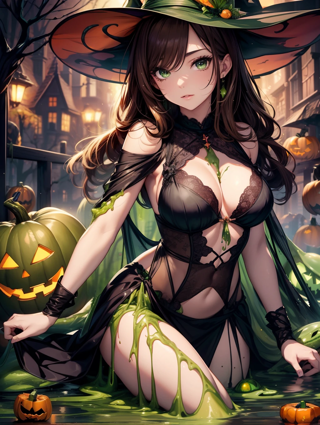 Best Quality, masutepiece, beautiful mature women、Beautiful face、Strong-minded woman、(Black Dress、Witch)、brown haired、(Brown-eyed)、Longhaire、Undersized eyes、(((Halloween)))、nighttime scene、(((Green Slime Monster)))