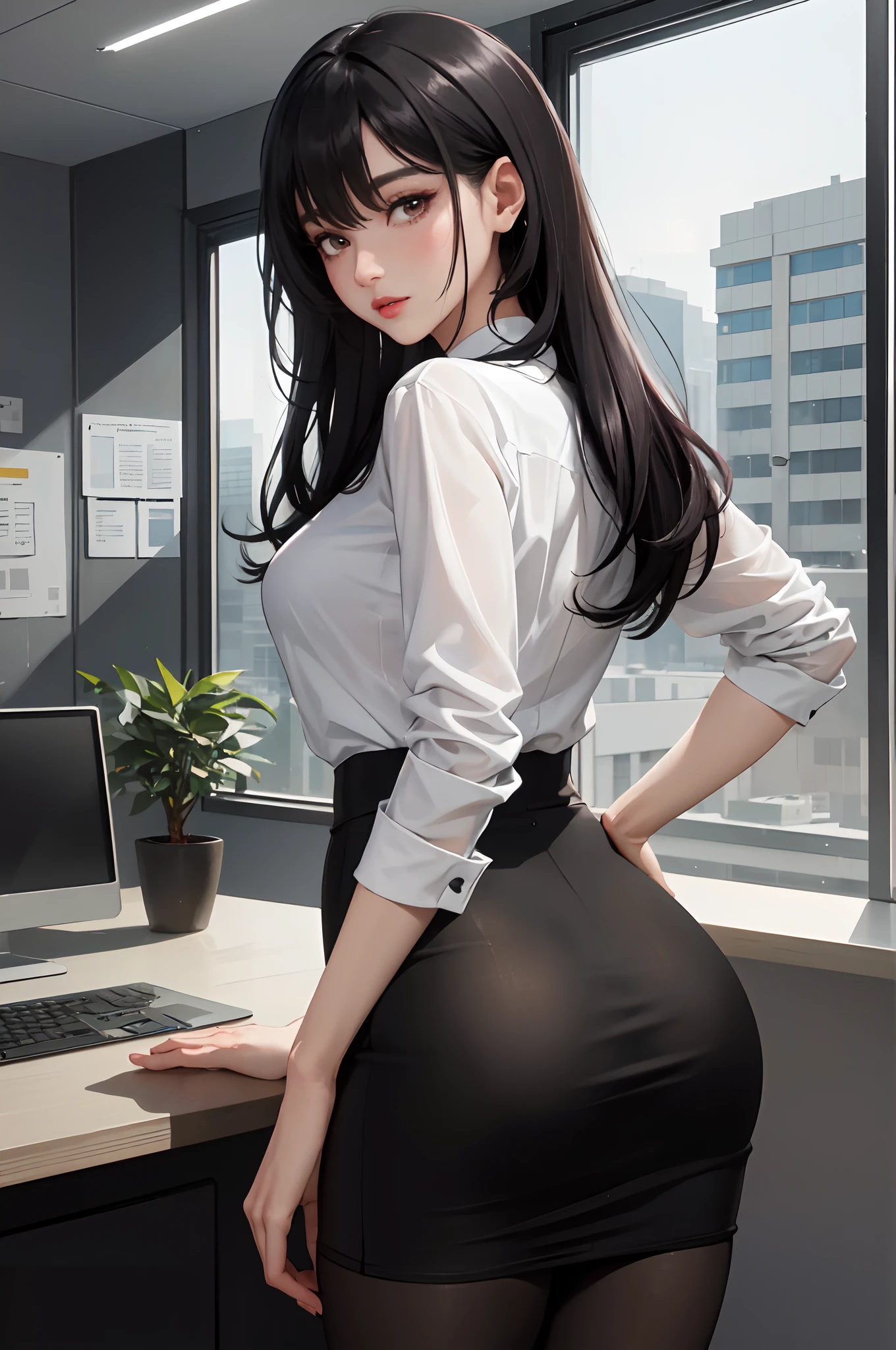 /(Modern office indoors/), 1 Lady Solo (from the rear), /(Casual Shirt Pencil Skirt Pantyhose/) /(Black hair/) , (masterpiece best quality:1.2) Ultra-detailed