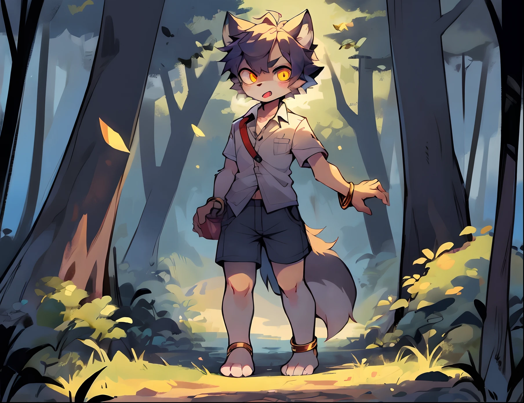 Furry shota, wolf, black hair, long spiky ponytail, blue eyes, detailed body fur, ((goggles, blue hawaiian shirt, open clothes, one shoulder off, black swim trunks)), looking at another, fangs, clear grey body fur, detailed face, big eyebrows, detailed eyes, detailed body, detailed body fur, detailed hands, glistering body, shiny body, skinny, uper body, injured, dirt on the body, damaged clothes, bruises, grin, ruins, forest, solo, injured pose, full body, feets with three toes, ((one eye close, wink)), after fight,