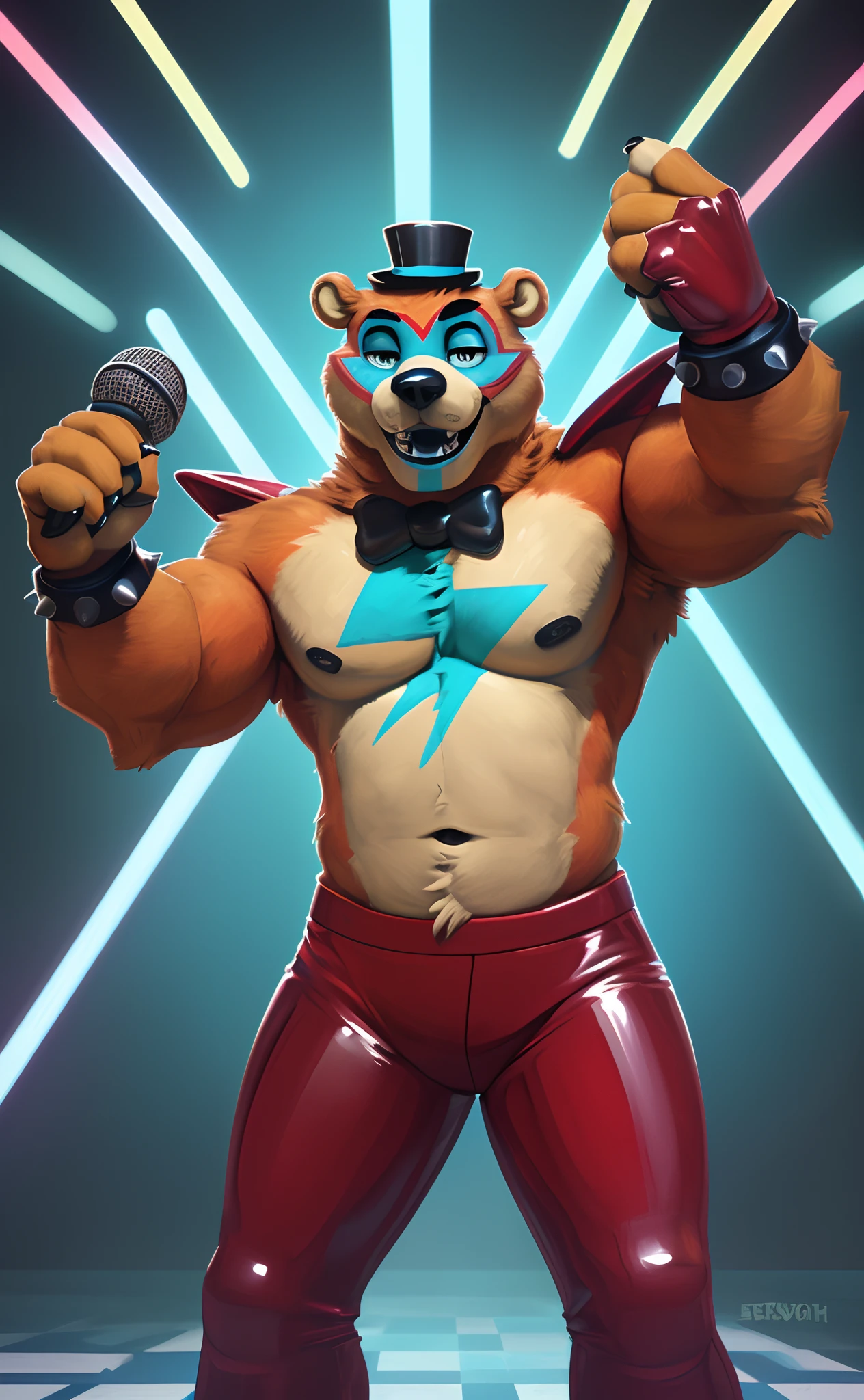 (best quality, masterpiece:1), furry male anthro glamrockfreddy, bear boy, body fur, looking at viewer, action pose, microphone, thong, bulge, satisfied, closed mouth, seductive, (rock concert background:1.0),  