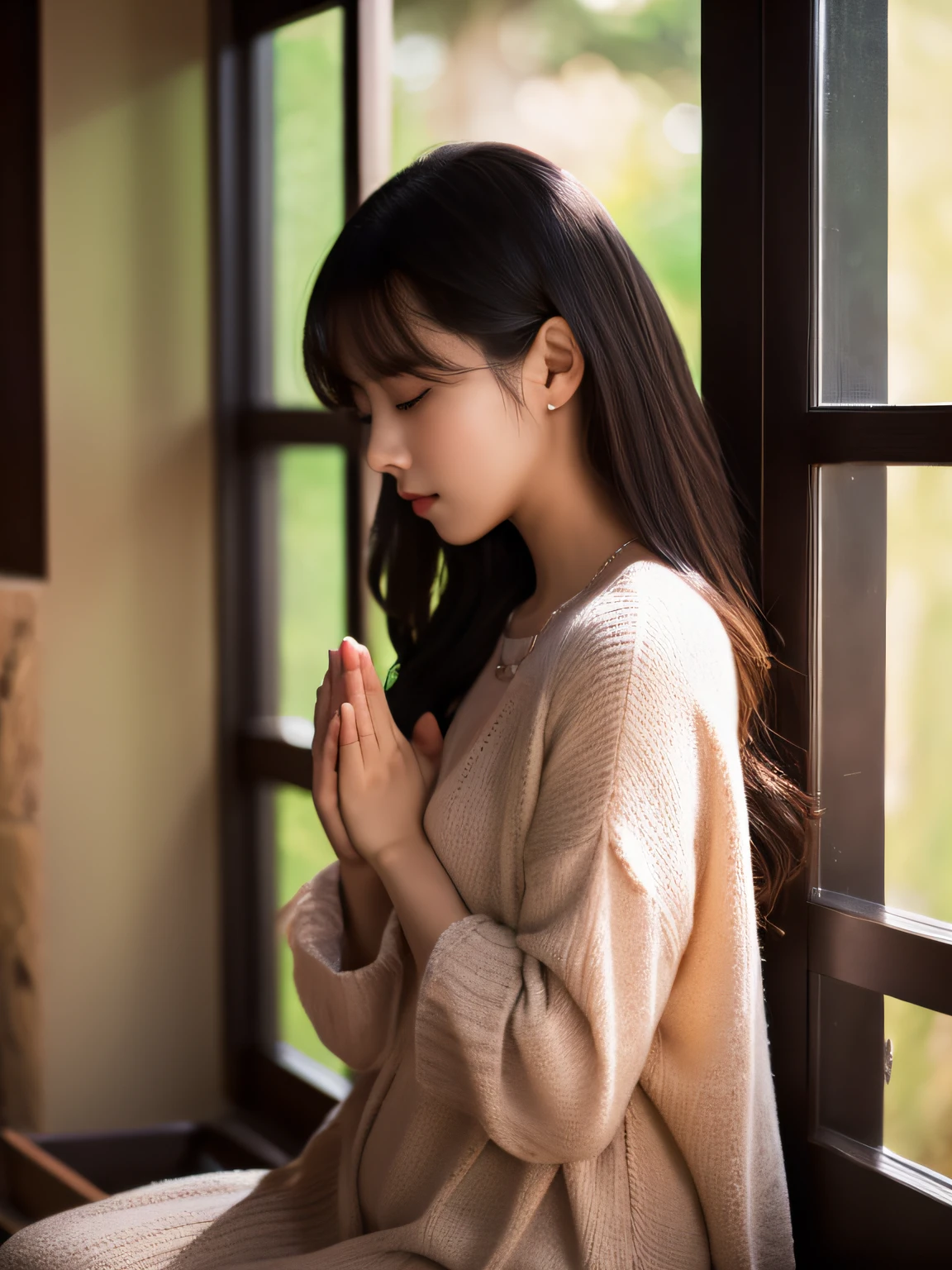 best quality, masterpiece, (photorealistic:1.4), (ulzzang-6500-v1.1:1.0), beautiful woman, spiritual, prayer,