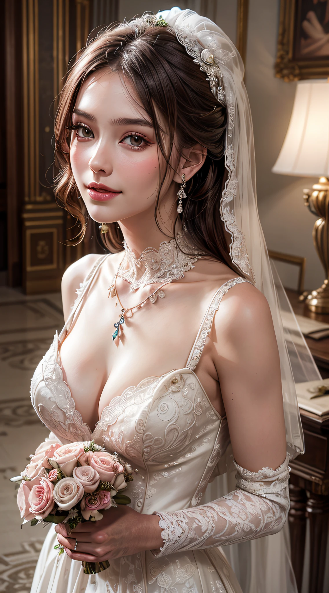 (1girl), Updo hairstyle, Extremely cute face, Amazing face and eyes, (Highly detailed eyes, Highly detailed face), fresh, Very clean appearance, (Hyper-realistic, hight resolution), (Best Quality:1.4), (hyper quality), Authentic skin texture, Raw photo, (Realistic, Photorealsitic:1.37), highly detailed, Professional Photography, (beautiful lace bridal dress:1.5), (lace bridal dress with open front), (cleavage:1.2), (Bare shoulders), Smile slightly, (Staring at me), luxury accessories, necklaces and earrings, luxury living room, girl portrait,