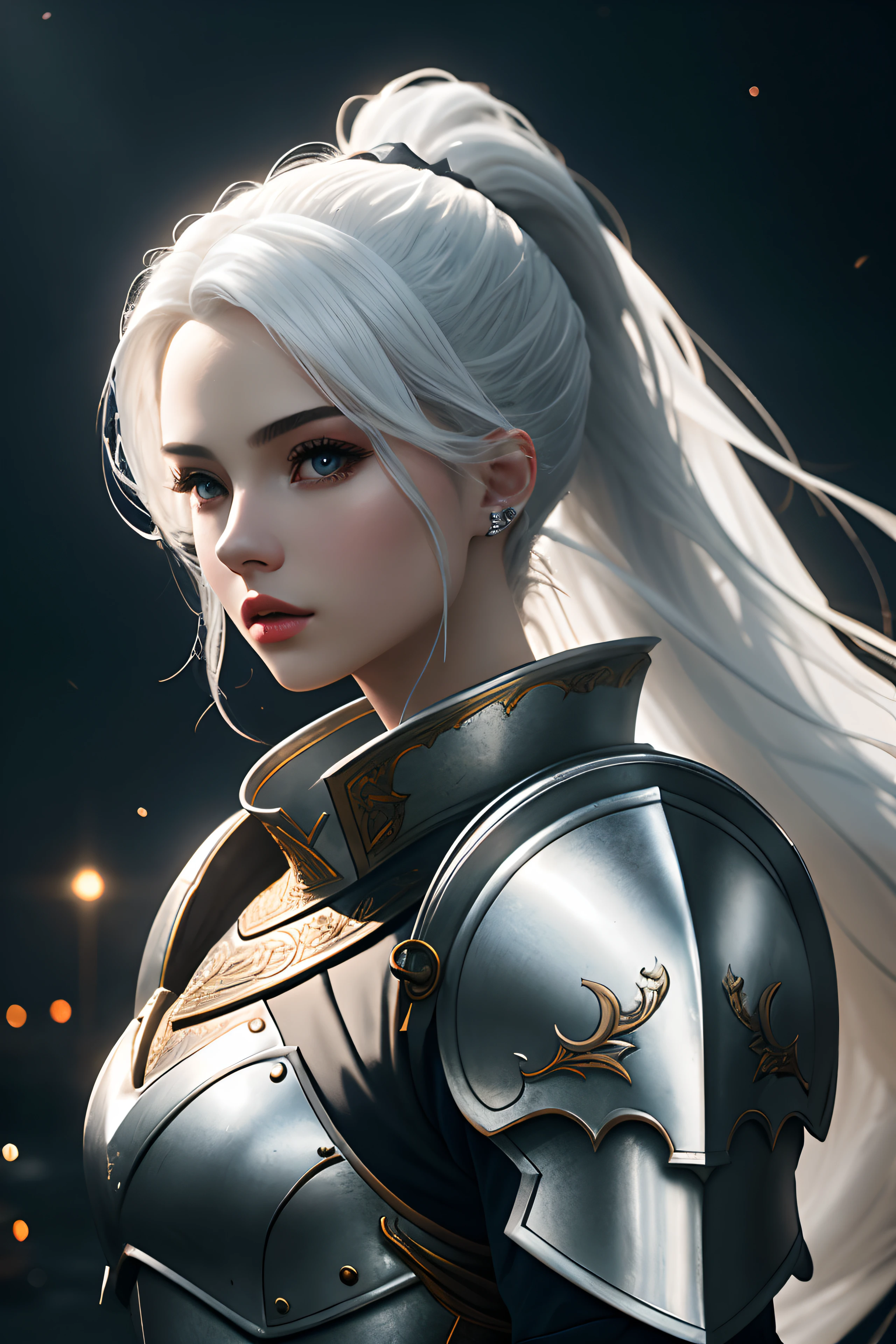 masterpiece, ultra detailed photography of a gorgeous humanoid dragon male, 1girl, (((21 year old girl))), perfectly drawn face, wearing a luxury white battle armor, luxurious gloves, 8k resolution, photorealistic, ultra-high quality, opulent detailed background, 32k, long white hair, messy ponytail, full lips, curvy guy, perfect anatomy, cinematic lighting, intricately detailed, white tetradic color, volumetric lighting