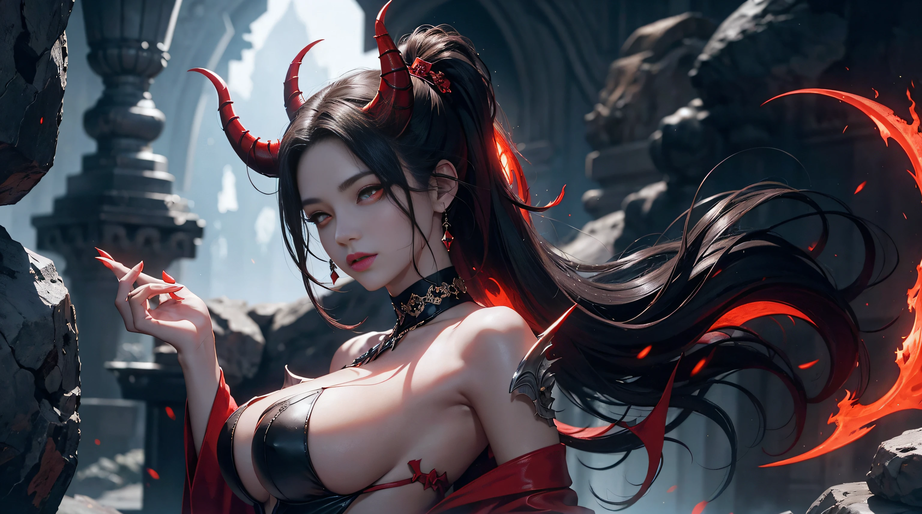 Fine、(The best illustrations)、8k UHD resolution、intricate-detail、top-quality、realisitic、ultra-detailliert、The best lighting、Best Shadows、Soft lighting、Ulutra HD、Dungeon and Dragon、caves、Dungeon、 magia、tentaculata、A Necromancer、natta、Dark style、Succubus、Devil's Daughter、Bat Wings,(((Demon Horns)))、(((Colossal tits)))、(Devil's Tail)、(red eyes glowing:1.6)、masterpiece、beautiful countenance、Tindall Effect、photos realistic、(High Detail Skins:1.2)、8KUHD、Digital SLR、hightquality、a picture、hight resolution、 absurderes、Ponytail distortion、best ratio four finger and one thumb、1人、hair adornments、Red sparkling gemstone necklace、jewely、Beautiful expression、Body Up、Large breasts emphasis、Toned waist、Wide buttocks、Tindall Effect、Photorealsitic、(High Detail Skins:1.2)、In the Dark, lowkey, cowboy lens, (red phoenix dress: 1.0), Long hair, Black hair, Bust, Devil's Palace, devil crown, red eyes make up very sharp and detailed, The most beautiful face, Super tight breasts, Breast augmentation surgery, The breasts are very big and round and round, Black magic costume、Super realistic , Charming smile, The eyes are very well made up, ((Red Eye:1.0)), guweiz, devil style, wearing black mesh socks, Ponytail with a bow tied at the back of the hair, plump beautiful red lips, wearing a thin red and black robe, Hands pull the straps to expose sexy breasts, the landscape is overcast and thunderous, Beautiful female demon portrait, Protagonist Close-up, (Detailed spooky backgrounds:0.8), nffsw, nffsw, The 8k quality, detailed pixel, Meet beautiful girls, Look at the girl's body,