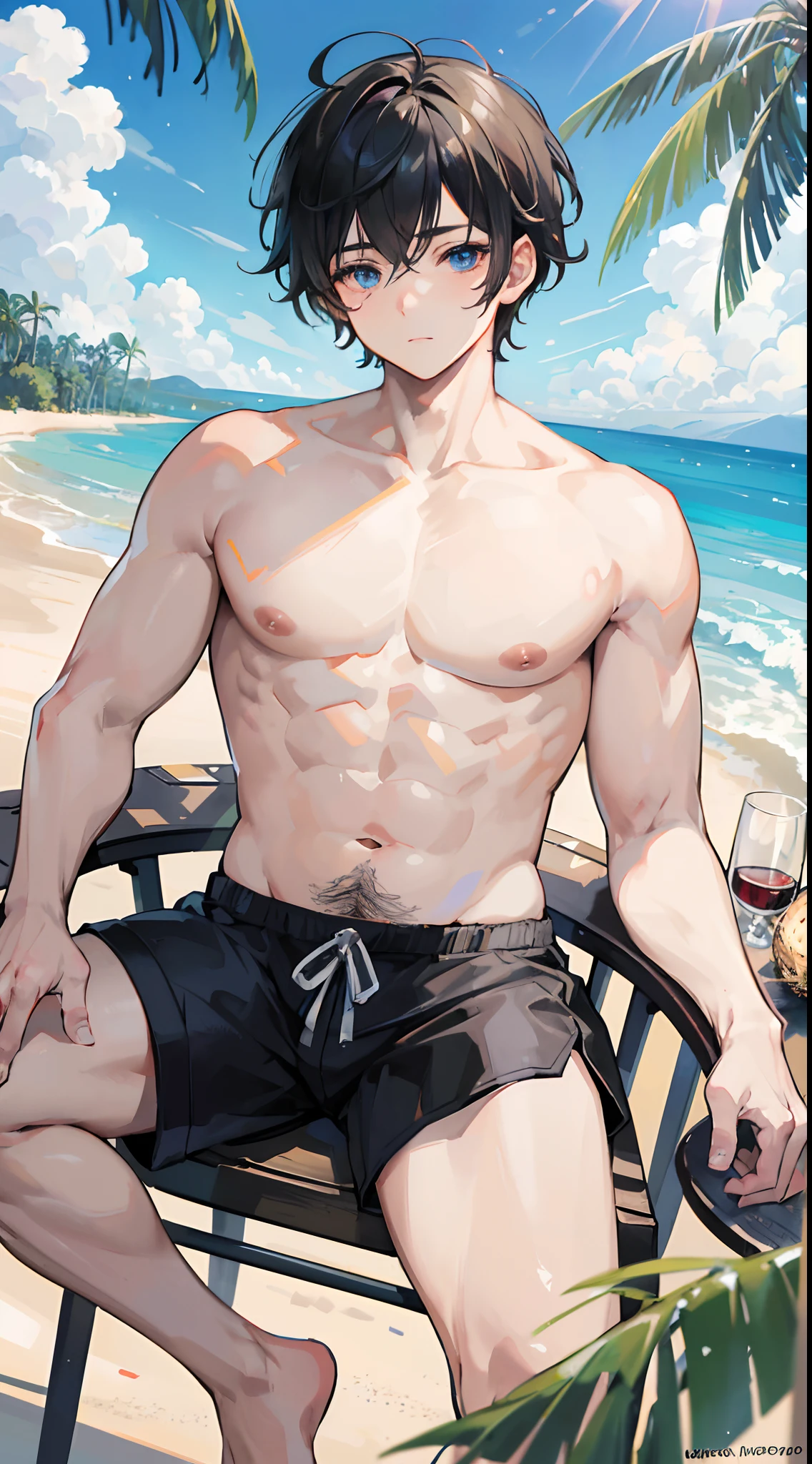 Absurdres masterpiece HDR high quality picture of Handsome boy , handsome face, detailed face, detailed hair, chubby boy, fat body, very Short hair, ((messy cut hair style:1 )) , anime eyes, light skin ,
topless , wearing summer shorts, sitting comfortably on chair on a beach under coconut tree , beautiful background, masterpiece scenery