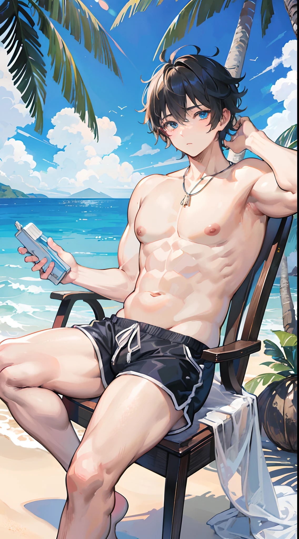 Absurdres masterpiece HDR high quality picture of Handsome boy , handsome face, detailed face, detailed hair, chubby boy, fat body, very Short hair, ((messy cut hair style:1 )) , anime eyes, light skin , 

topless , wearing summer shorts, sitting comfortably on chair on a beach under coconut tree , beautiful background, masterpiece scenery