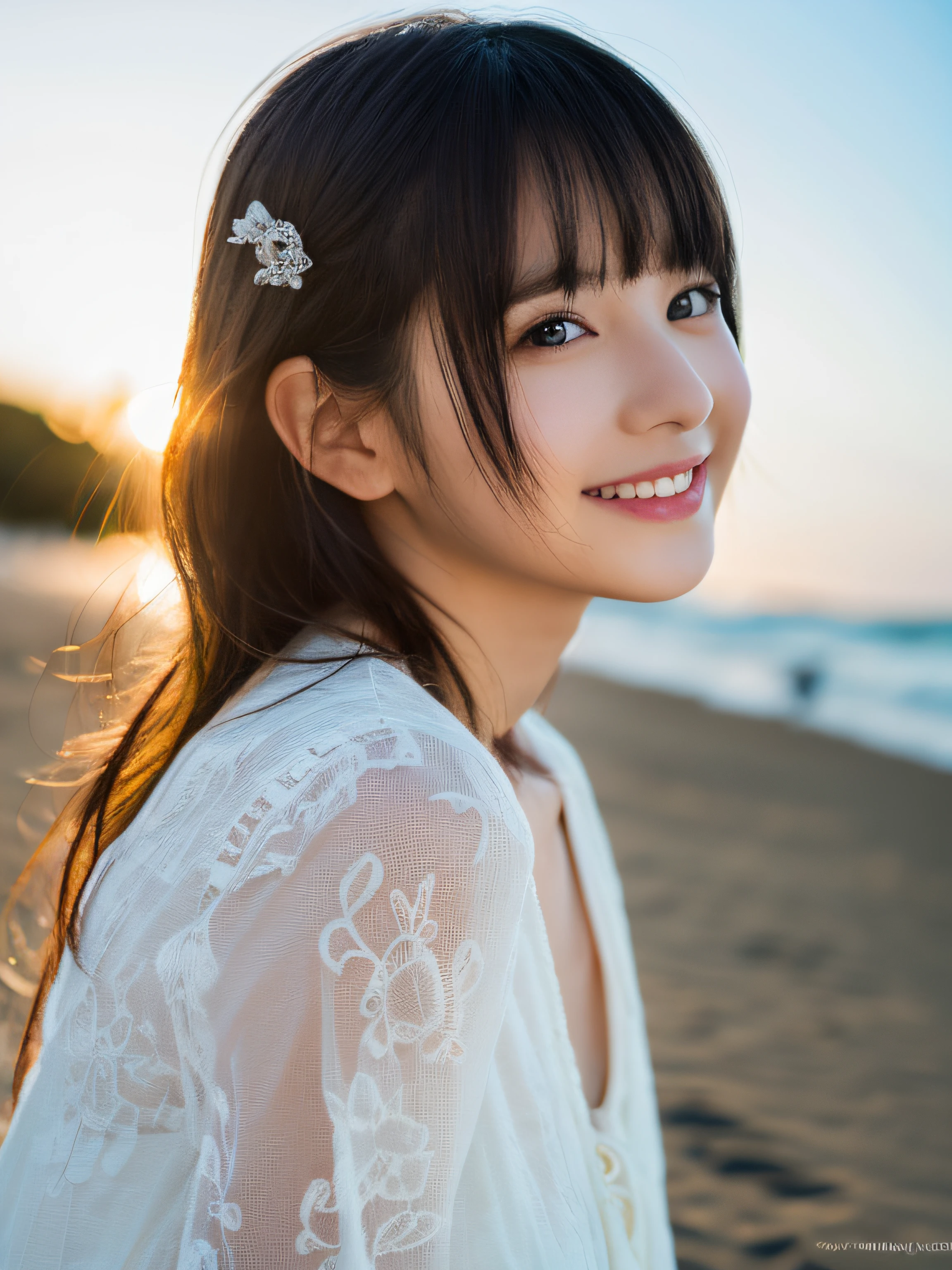 (Raw photo:1.2), (Photorealistic:1.4),(masutepiece:1.3),(Best Quality:1.4),超A high resolution,nffsw,8K, (Extreme detailed illustration), 1 girl, Detailed beautiful face, -yeld gi long curl hair,Smile,Solo, look at viewr,Clear background, On the beach, depth of fields, Natural lighting,(See-through silhouette),ulzzang -6500-v1.1:0.7