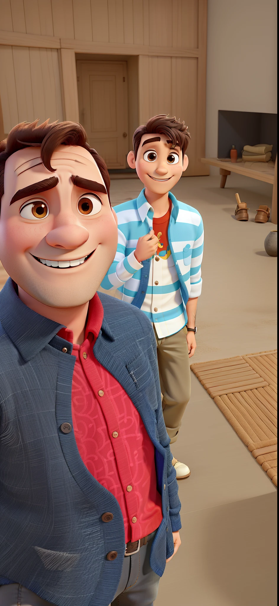 Dois homens, estilo nisney pixar, vestidos de gaucho, sorrindo. Melhor qualidade
