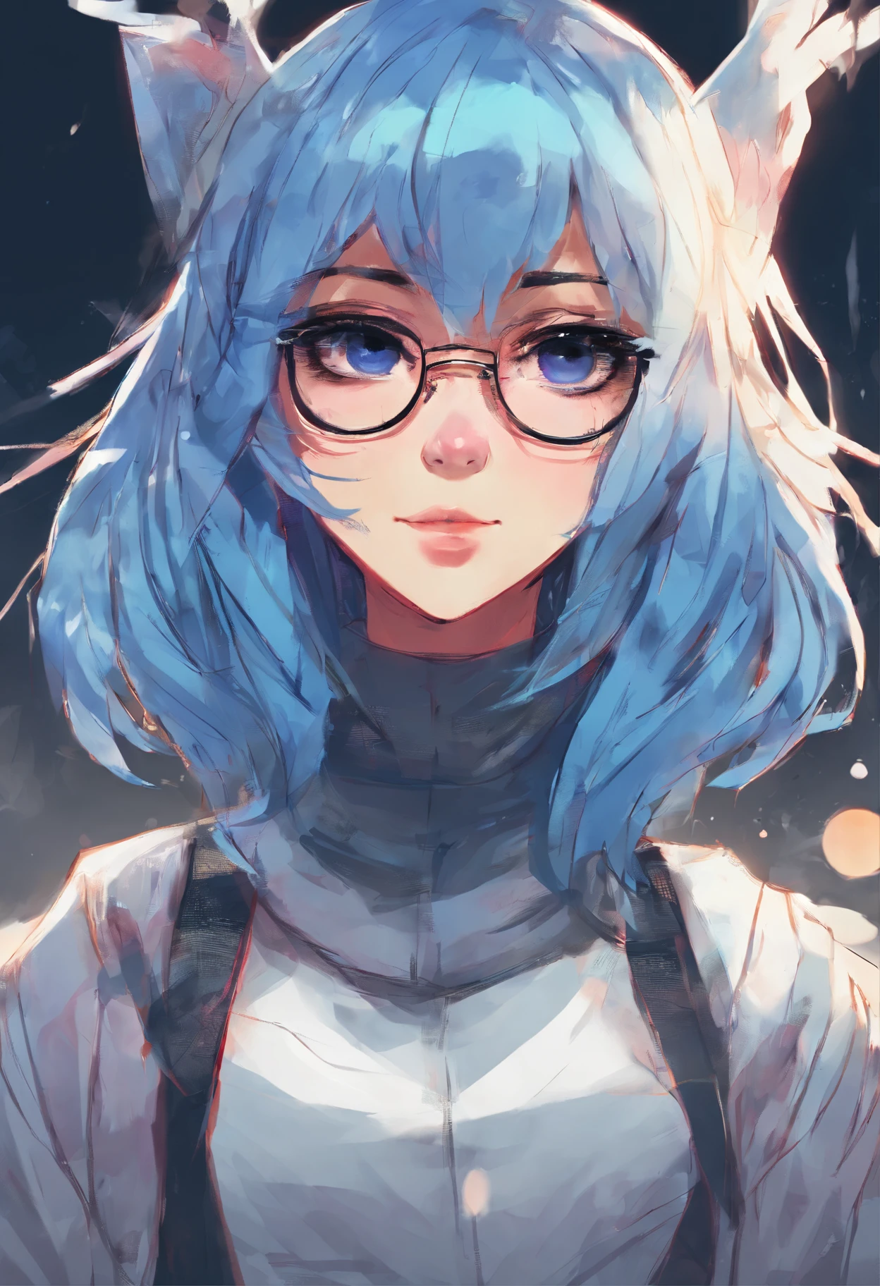 Anime girl with blue hair and bangs with glasses with beautiful tanned skin looking at the camera anime girl