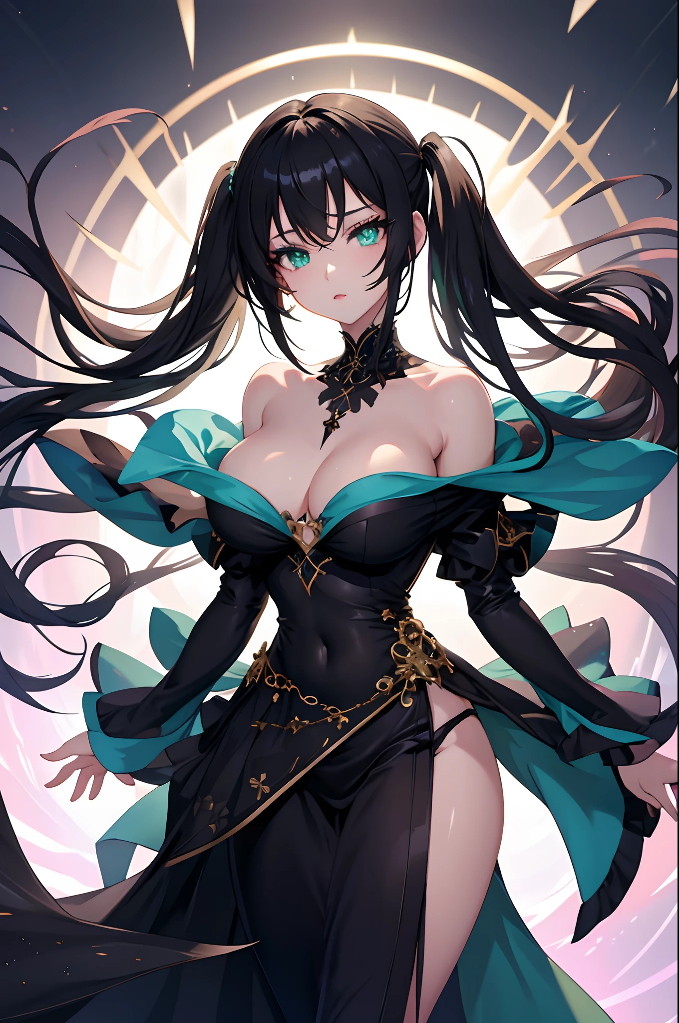 1girl, anime, cute girl, blank background, white background, fantasy, detailed dark fantasy dress with highlights, beautiful face, beautiful eyes, dark colors, black hair, twintails, green eyes, medium breasts, slight cleavage, beautiful skin, cute, breast curtains, extremely delicate and beautiful, (beautiful detailed face:1.0), (detailed deep eyes), symmetrical breasts, deep eyes, shiny skin, portrait, slender waist, hips wider than shoulders, thighs, young girl, expressionless