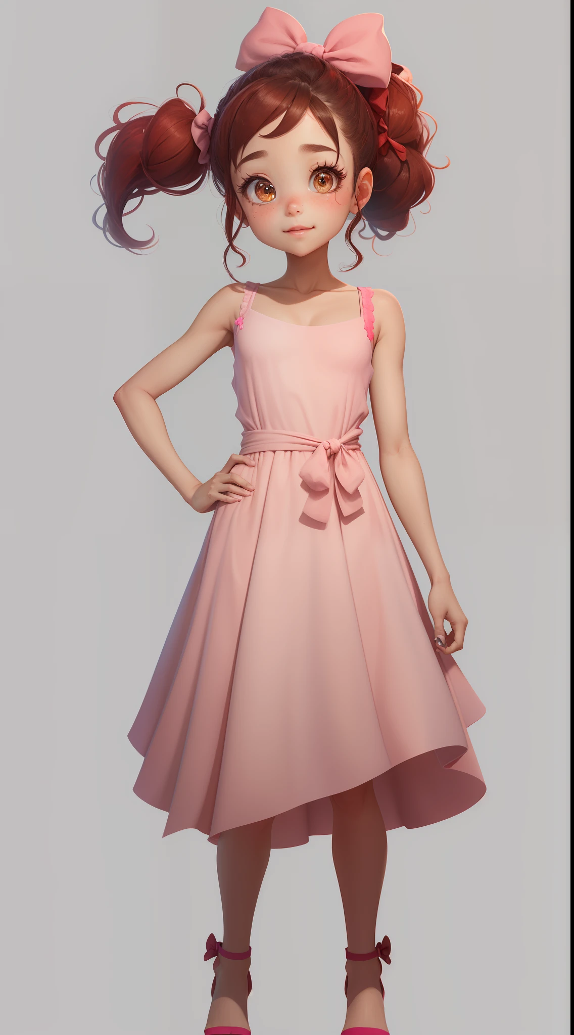 crie uma personagem de uma menina de 3 anos no estilo Disney pixar, She must have her hair all tied back in a ponytail, brunette with big eyelashes, e com vestido em duas cores: da cintura para cima na cor branca, and from the waist down in red color and a pink bow at the waist.