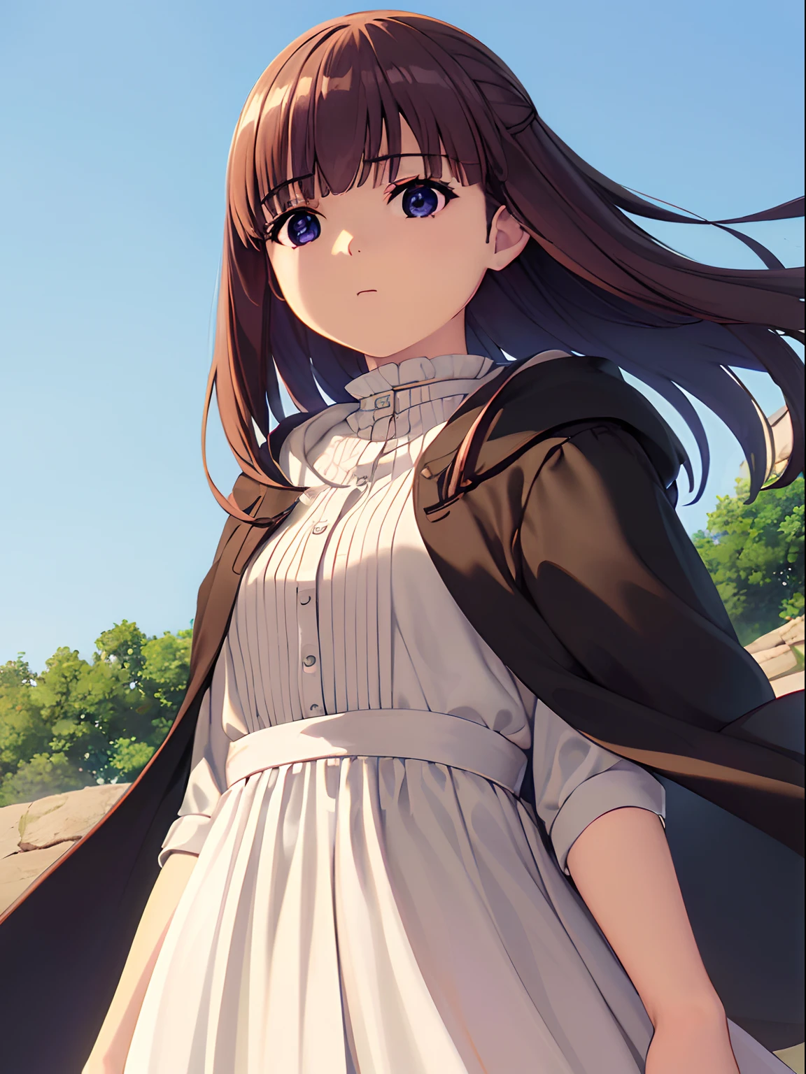 masterpiece, best quality, 1girl(Fern (Frieren: Beyond Journey's End),upper body,(best quality),((high quality)),((ultra-detailed)),((high res)), ((illustration)),{{extremely windy}},{{{cloak}}},{{loose-fitting blouse and dress}},{{cape folds}},