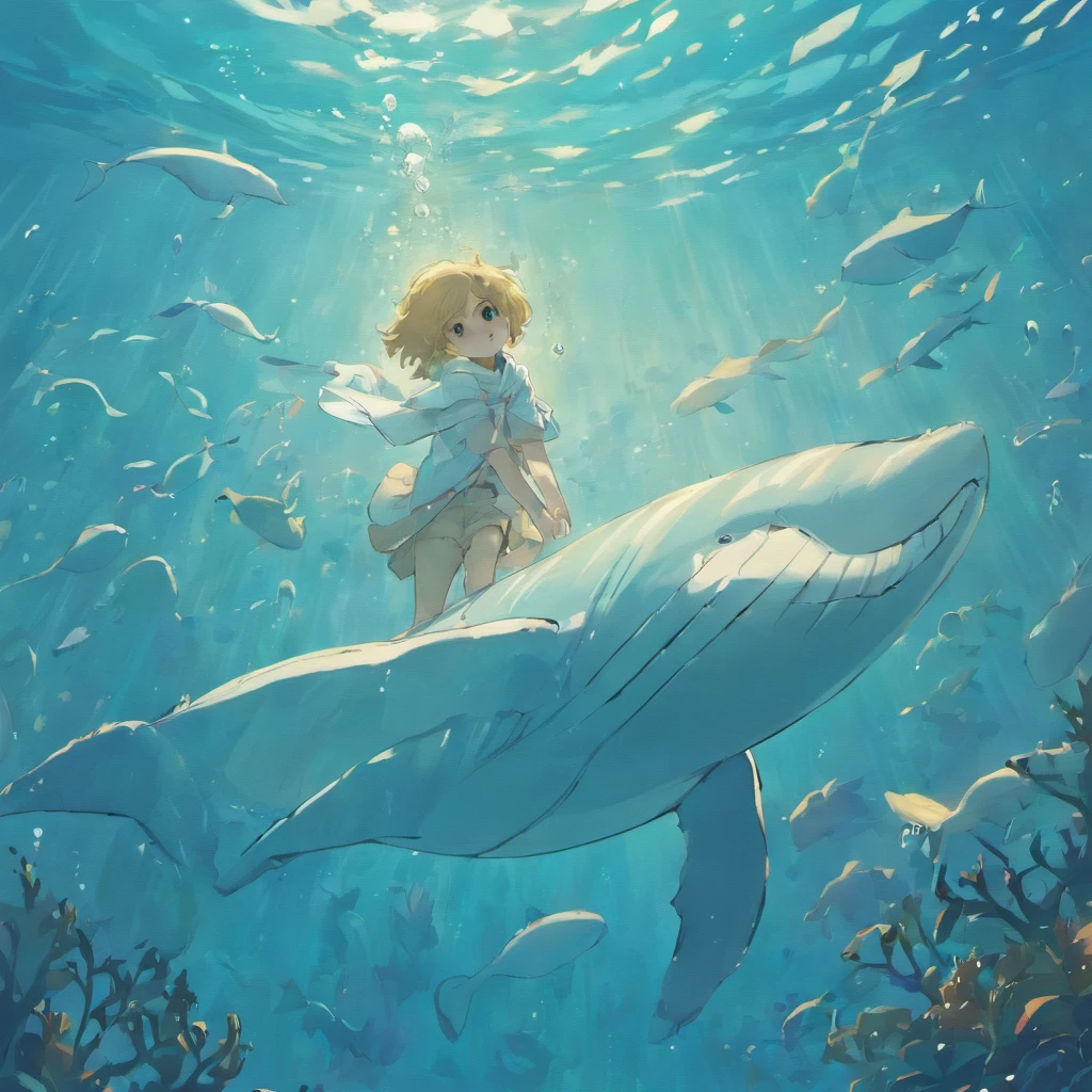 illustration:The boy in white swims with whales at the bottom of the sea,The surrounding bubbles slowly rise,Sunlight shines obliquely into the water。
