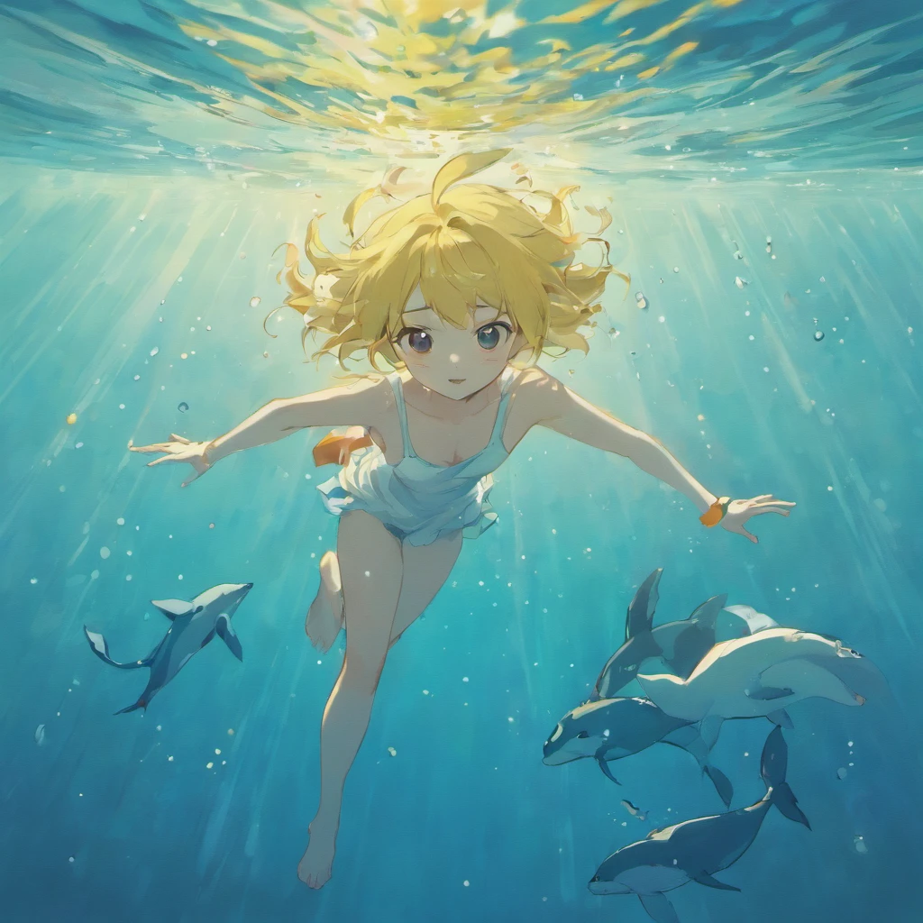 illustration：The boy in white swims with whales at the bottom of the sea，The surrounding bubbles slowly rise，Sunlight shines obliquely into the water。