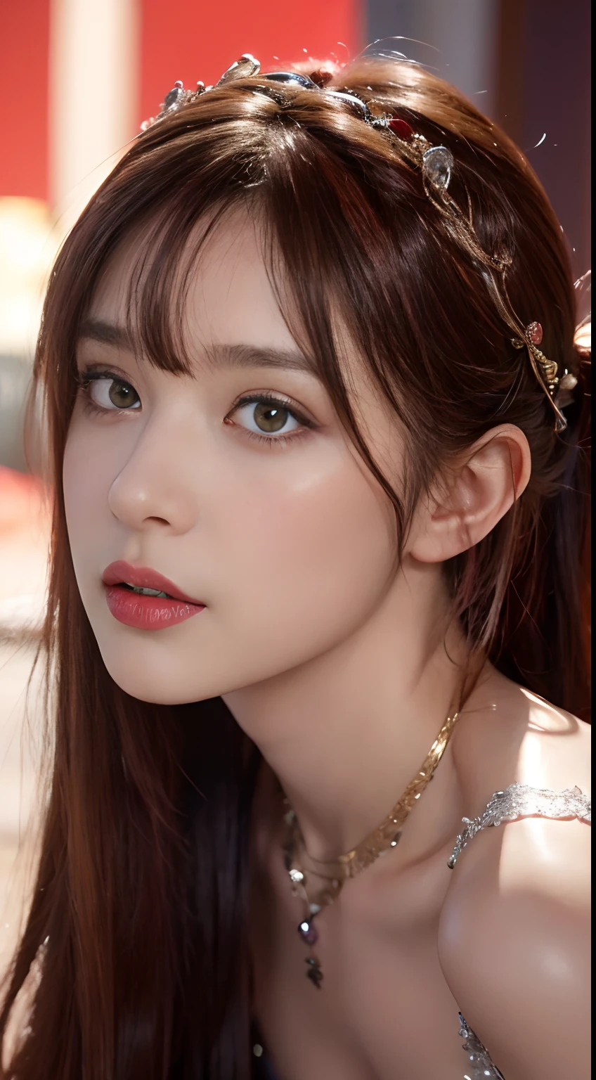 ((独奏)),offcial art,Face focus,((a small face:1.5)),view the viewer,((Costumes in Greek mythology)),18yr old,A beautyful girl, Swarovski red silk dress, Rainbow color long ponytail,Curly hair on the head,Reticulated hair color, ((By bangs:1.8)),Swarovski Crown, ear jewelry, Gorgeous and rich necklace, dark purple eyes, detailed makeup, Redlip,((A smile:0.8)), Keep one's mouth shut, eyeline,eye shadows,blusher, (nedium breasts:1.37), Large bust, Slim waist, Greek art textures, Colorful and realistic colors, RAW photos, Realistic photos, hyper qualit,8k wallpaper,extreme light and shadows, (Light of fantasy:1.37), (zentangle:1.37), Perfect anatomy,hyper detail eyes,A detailed face,Detailed limbs , ((Rose background)),Upper body photo、Angle photo:1.2,Red theme