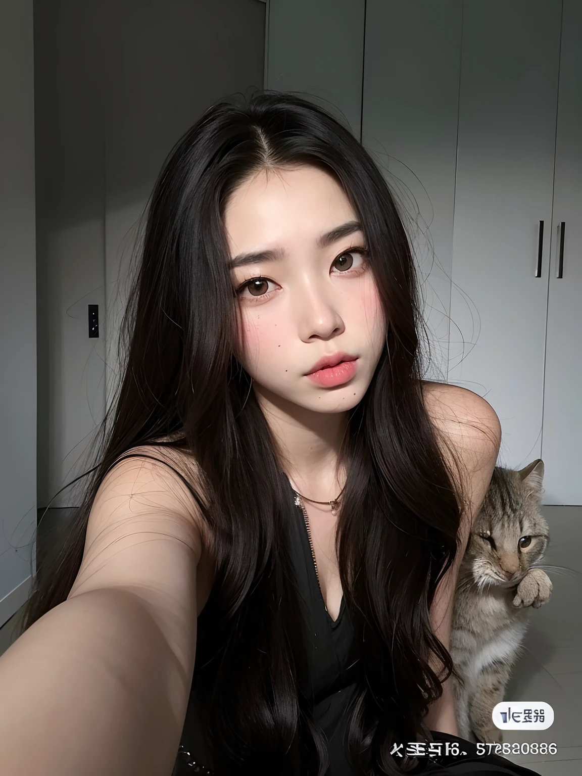 There's a woman taking a selfie with a cat in the background, muito bonita gatinha fofa, menina coreana, dilraba dilmurat, Beautiful Asian girl, gatinha jovem bonita, Mulher sul-coreana bonita, 18 anos, Ulzzang, menina gato atraente, Asian girl, cruel korean goth girl, Asian girl with long hair, com cabelos longos