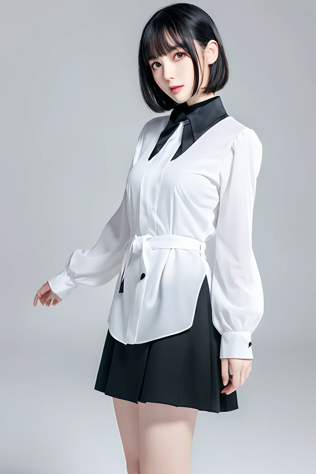 (1girl in),White background,Full body photo standing、Japan at 25 years old,Medium head of black hair, Black tie,White shirt with long sleeves,Black pants,Amazing face and eyes, ((Best Quality)), (Ultra-detailed), (extremely detailed CG unified 8k wallpaper), Highly detailed, High-definition raw color photos, Professional Photography, White background,Full body photo standing、heavy wind,(From thigh up)、(beauitful face:1.5)、Adult face、tall、